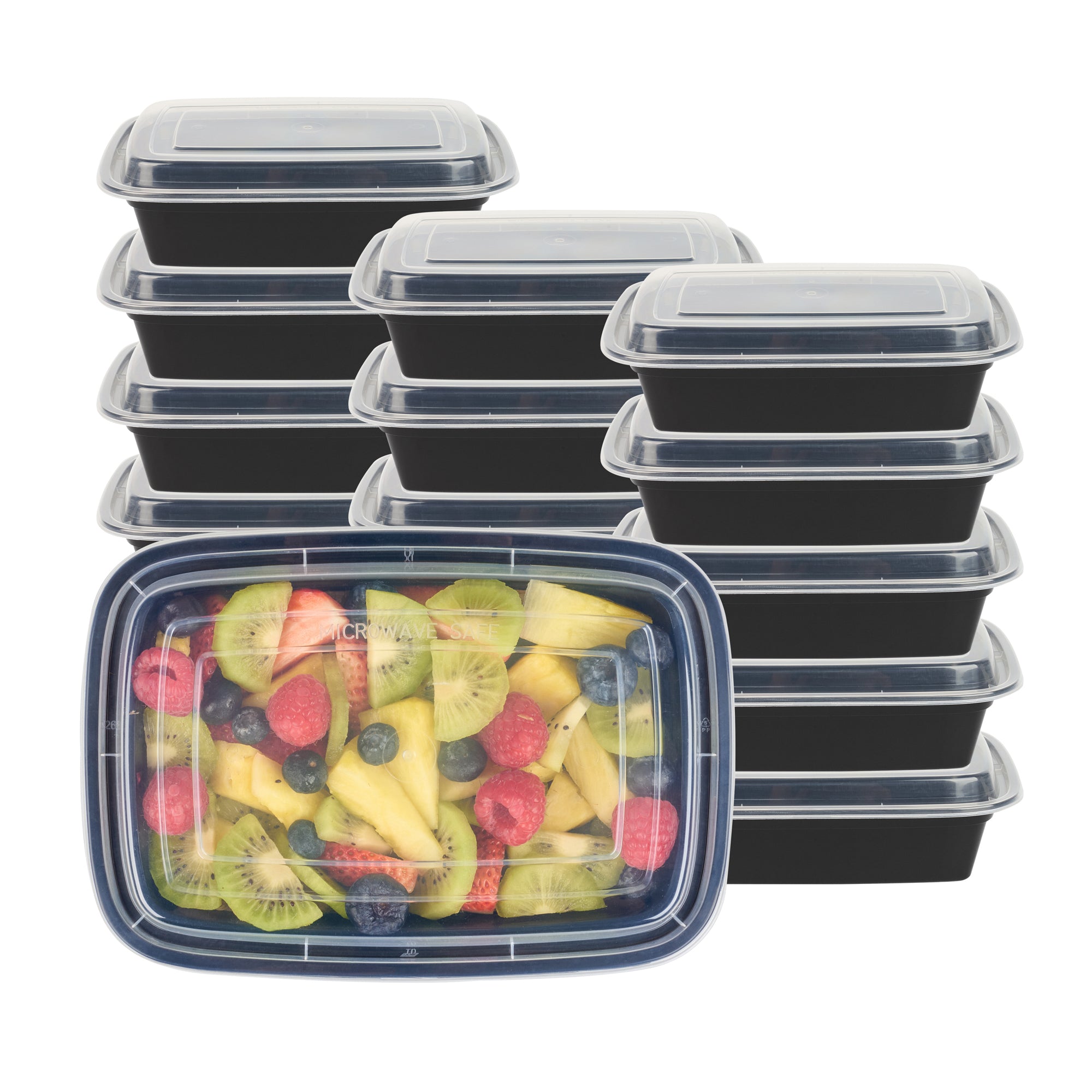 38 oz Black Rectangle Plastic Food Storage Containers with Clear Lids - Microwave Safe To-Go Boxes (8.75