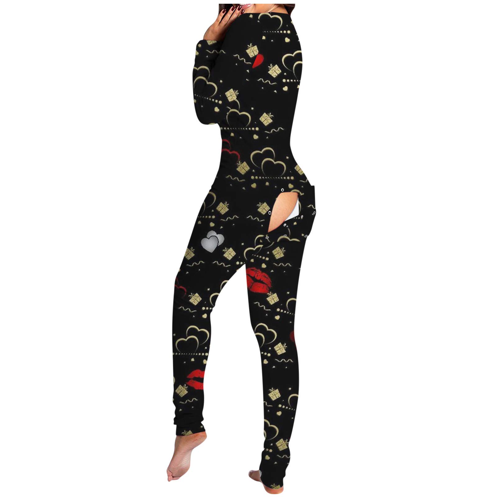 Women's Deep V-Neck Printed Button-Down Jumpsuit with Butt Flap - Long Sleeve Romper for Casual Wear, Night Out & Party Outfits