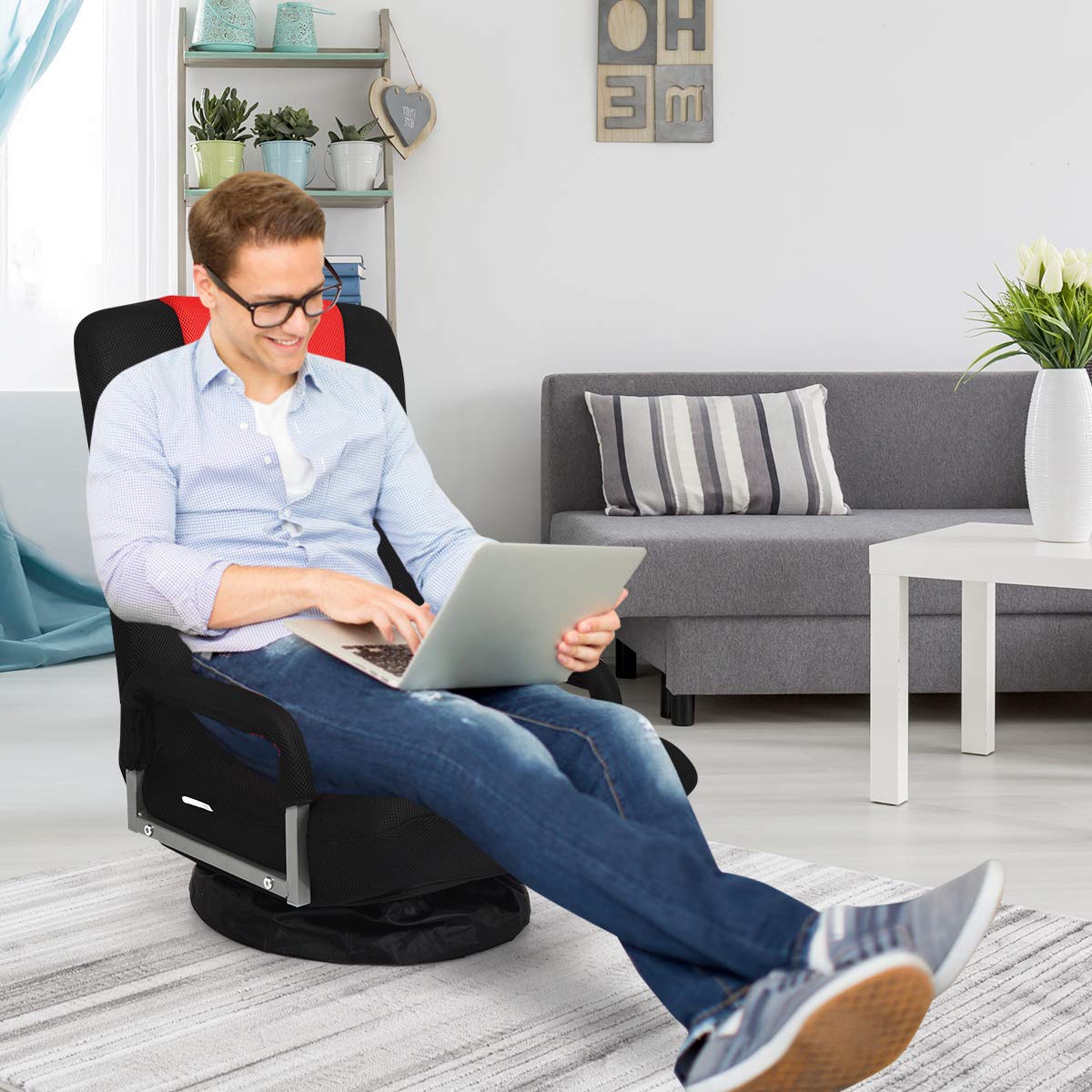 GOFLAME 360° Swivel Gaming Floor Chair - Adjustable 6-Position Backrest & Armrest, Ergonomic Folding Lounge Chair for Adults - Perfect for TV Watching, Video Gaming, Reading & Relaxing (Black/Red)