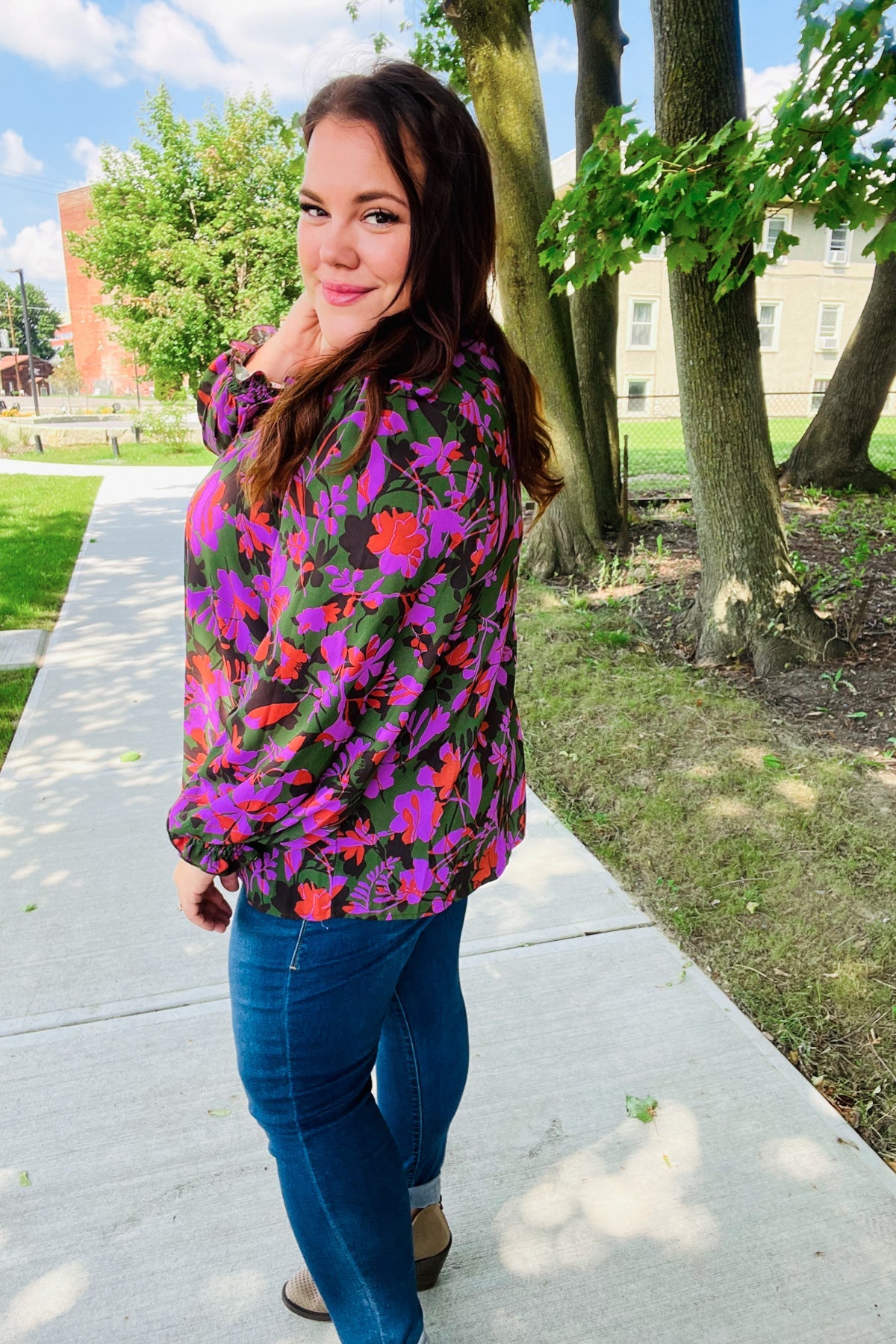 Eyes On You Forest Green Floral Smocked Bubble Sleeve V-Neck Blouse - Elegant Spring Summer Floral Top for Women, Perfect for Date Night, Garden Party & Casual Outings