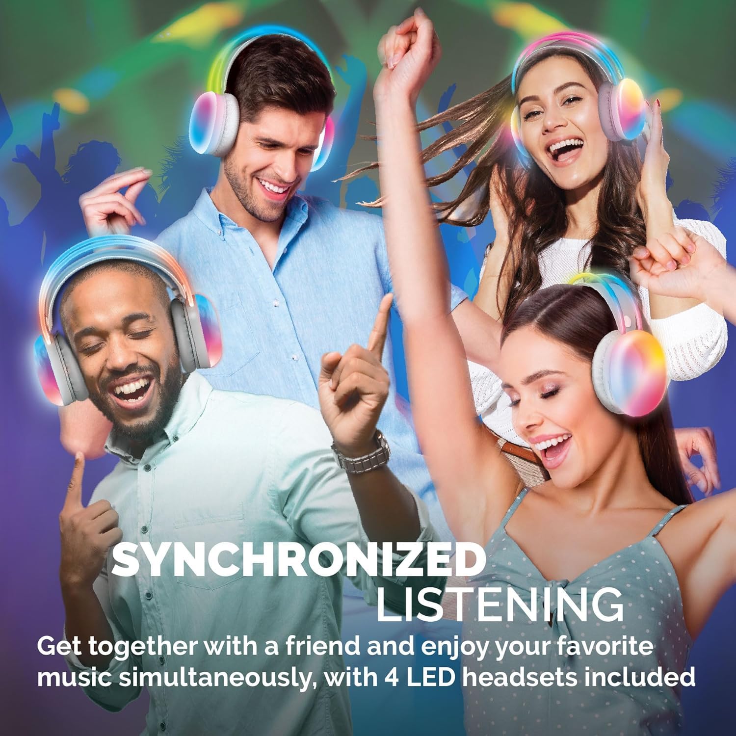 Brookstone Wireless Silent Disco Headphones with Multicolor LED Lights - Bluetooth 5.0, 10-Hour Playtime, 8-Pack for Parties, Events & Group Activities