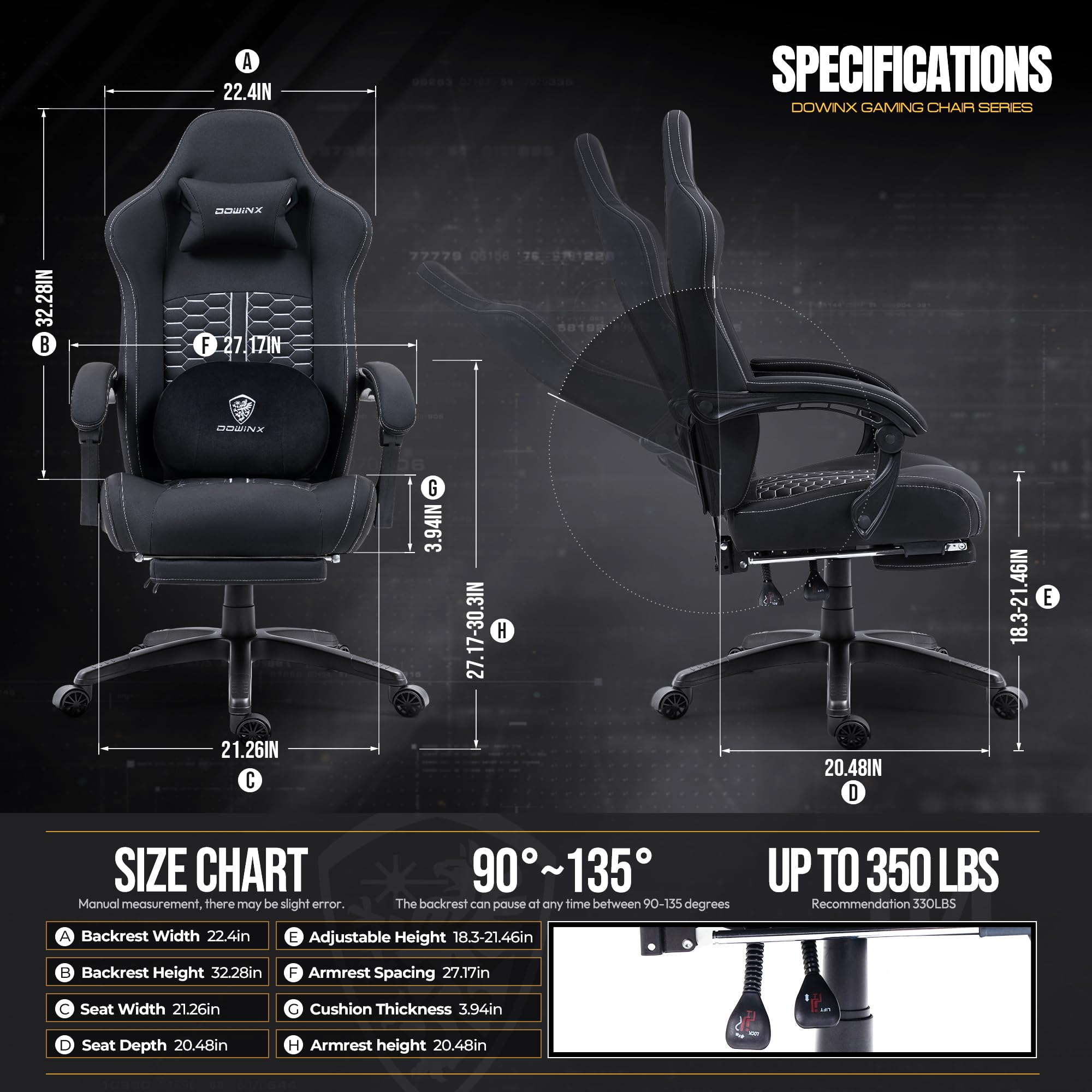 Dowinx Ergonomic Gaming Chair with Heated Massage & Lumbar Support - Reclining PC Office Chair with Pocket Spring Cushion & Footrest - High Back Computer Chair for Adults (330lbs Capacity, Black) - Perfect for Esports, Streaming & Home Office Work
