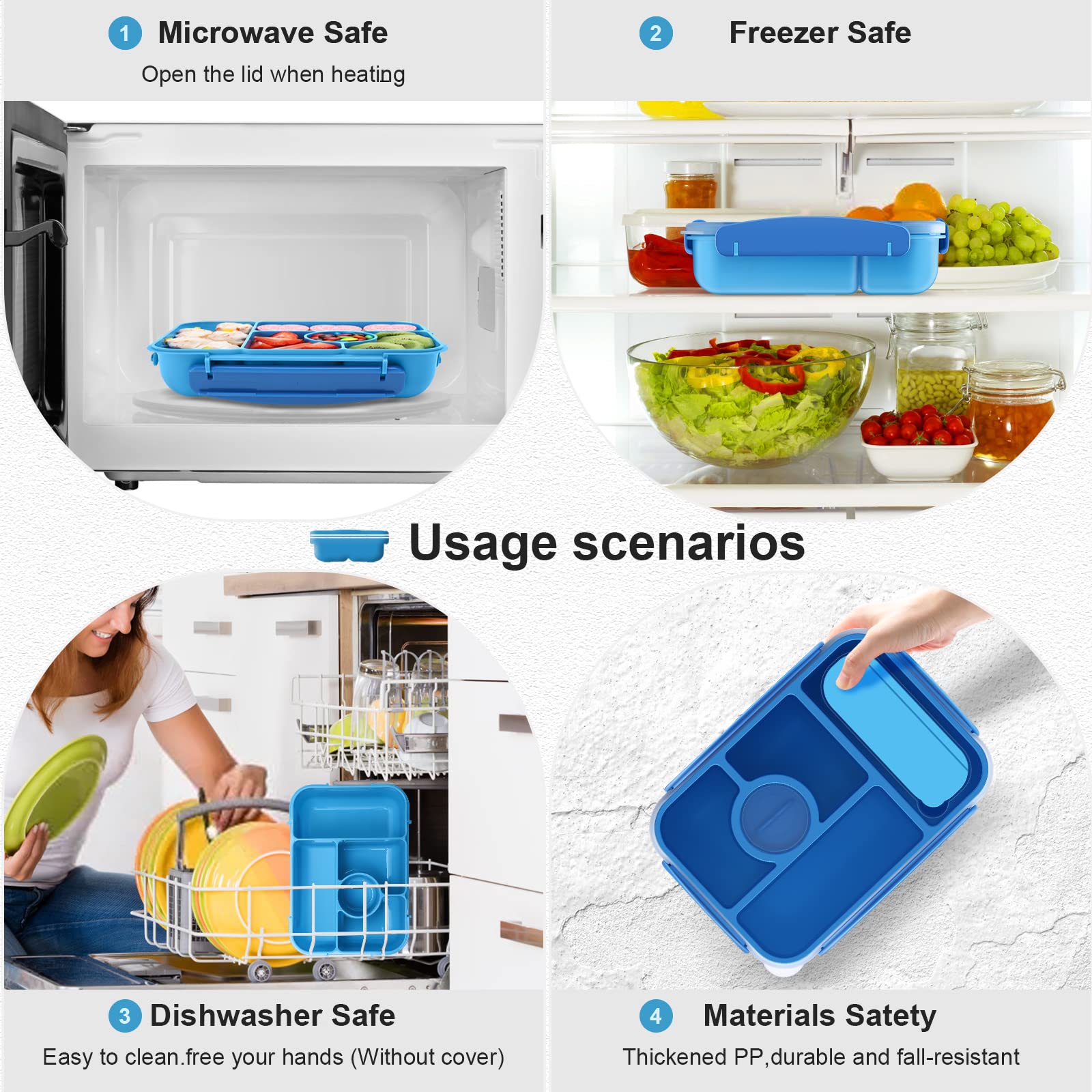 5-Compartment Bento Lunch Box for Adults & Kids - Microwave, Dishwasher & Freezer Safe with Sauce Containers - Perfect for School, Office, Picnics & Travel (Blue)