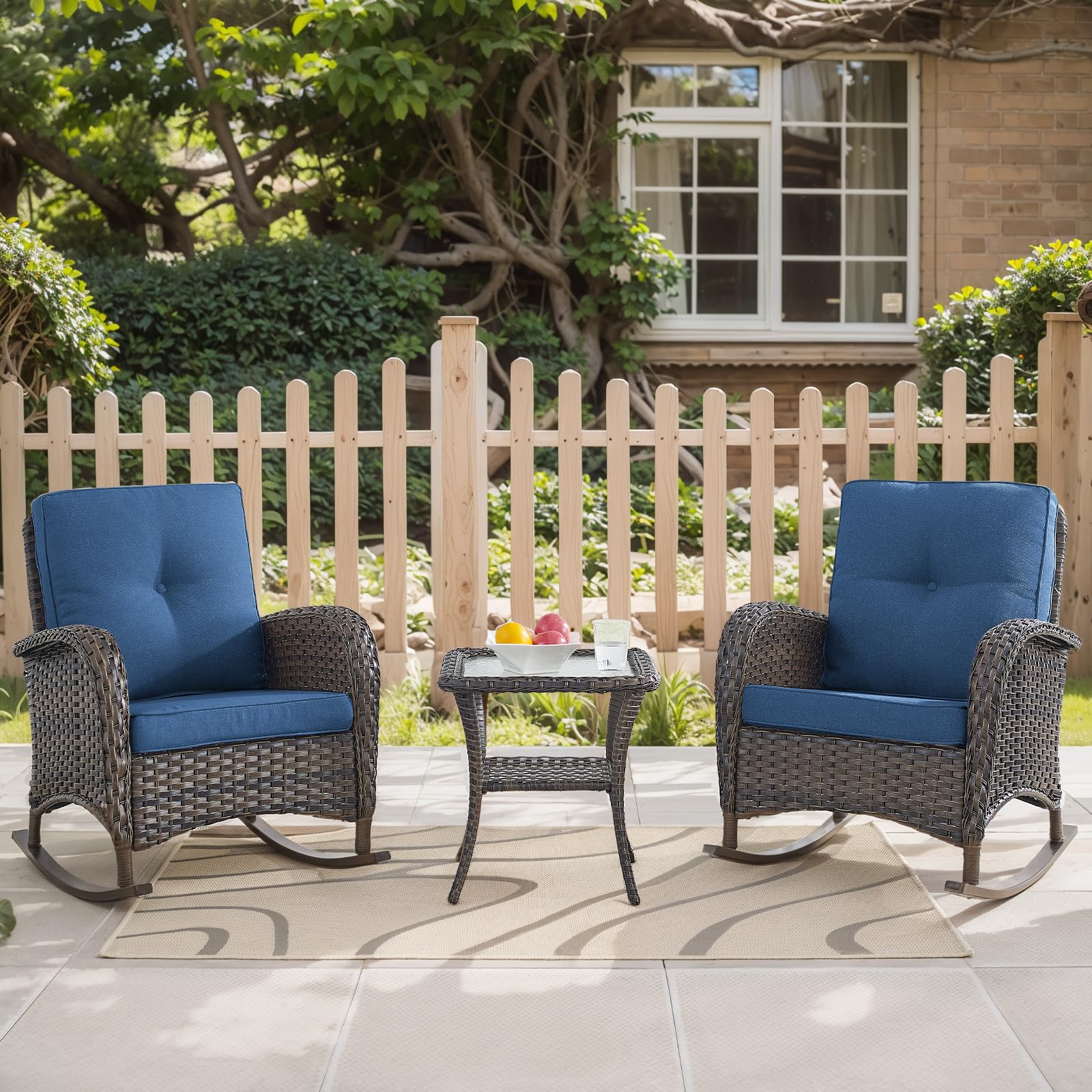 HUMMUH 3-Piece All-Weather PE Wicker Outdoor Rocking Chair Set with Side Table & Cushions - Patio, Porch, Balcony Furniture for Relaxing & Entertaining
