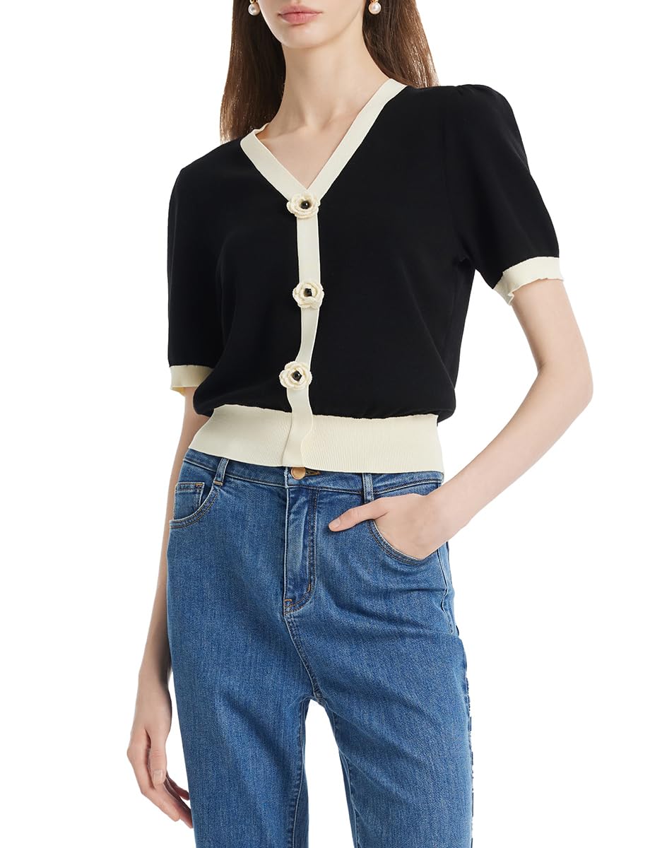 Women's Summer Short Sleeve V-Neck T-Shirts - Casual Crop Tops with Detachable 3D Flower - Basic Blouses for Ladies | Perfect for Beach Outings, Date Nights & Everyday Wear