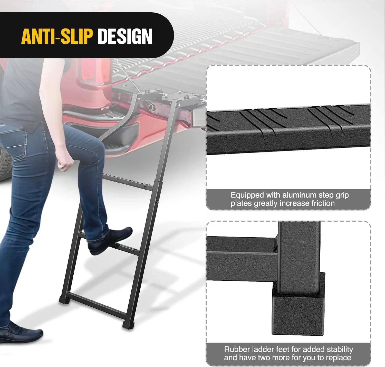 Heavy Duty Aluminum Tailgate Ladder for Pickup Trucks with Non-Slip Step Grip Plate - Perfect for Camping, Hunting & Off-Road Adventures