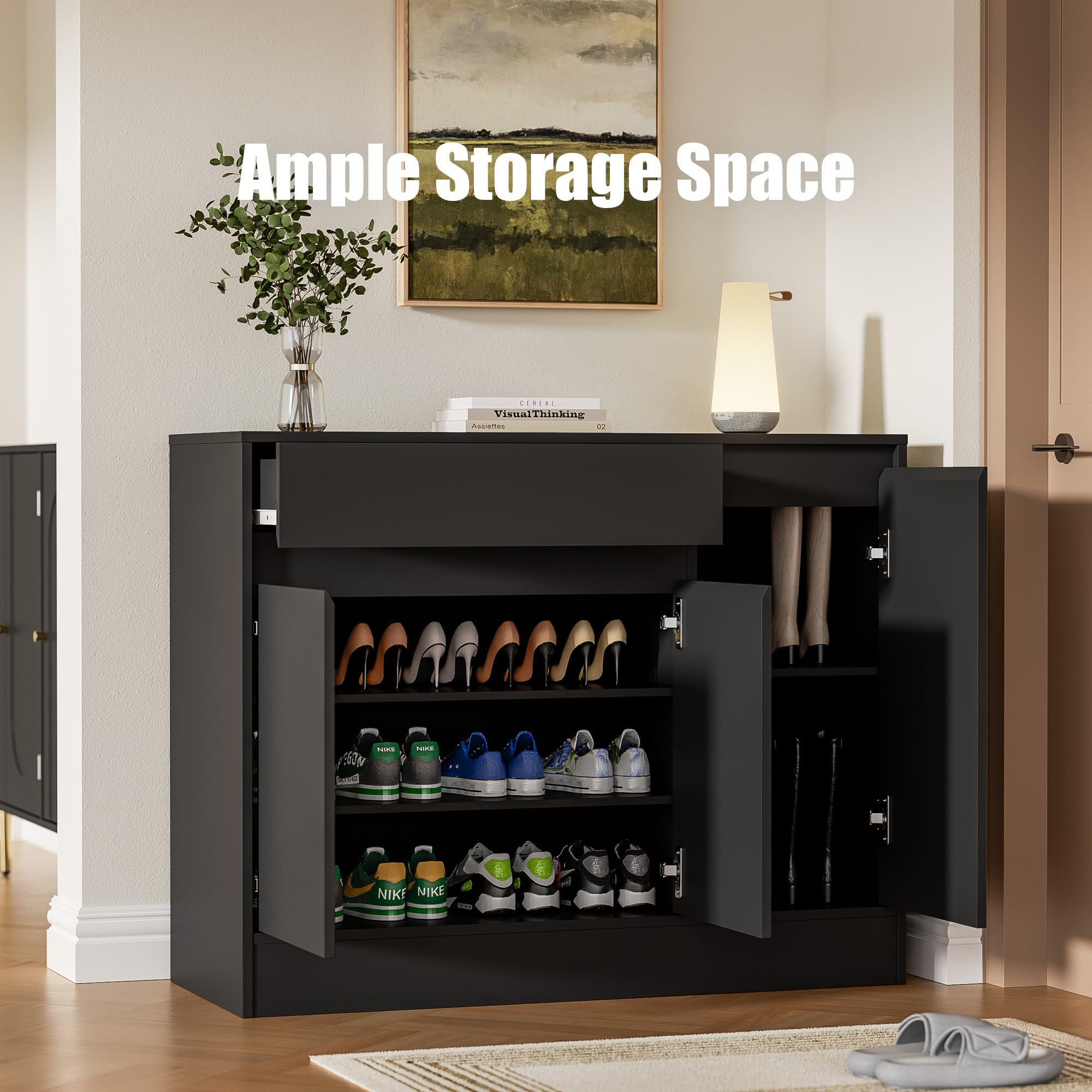 3-Door Wooden Shoe Cabinet with Drawer & Adjustable Shelves - Freestanding Shoe Storage Organizer for Entryway, Hallway, Living Room - Black (Perfect for Small Spaces & Home Organization)
