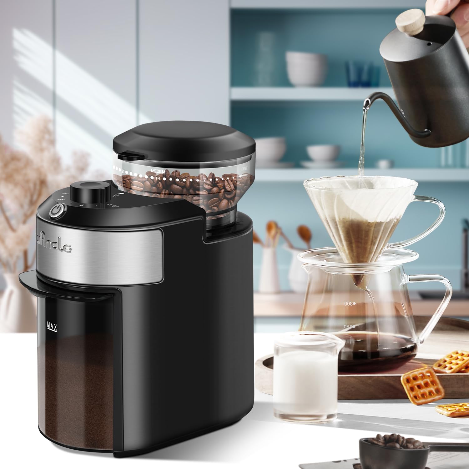 Premium Wancle Flat Burr Coffee Grinder - 28 Precise Grind Settings for Espresso to French Press, 2-12 Cup Capacity, Compact & Easy Clean Design - Perfect for Home Baristas & Coffee Enthusiasts