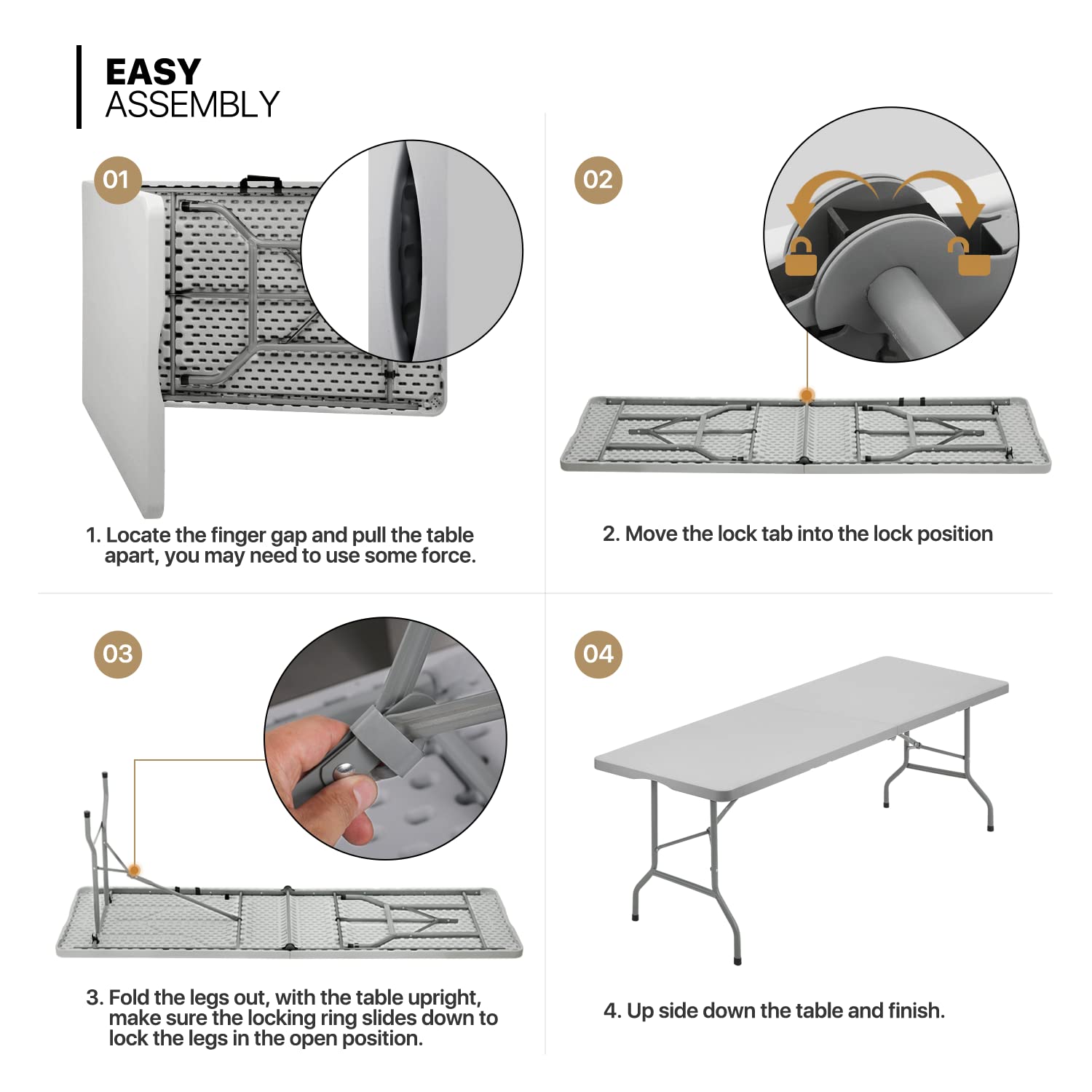MoNiBloom 8Ft Folding Heavy Duty Utility Table - Indoor Outdoor Portable Plastic Table with Steel Legs & Handle for Wedding, Event, Picnic, Camping, BBQ - Gray