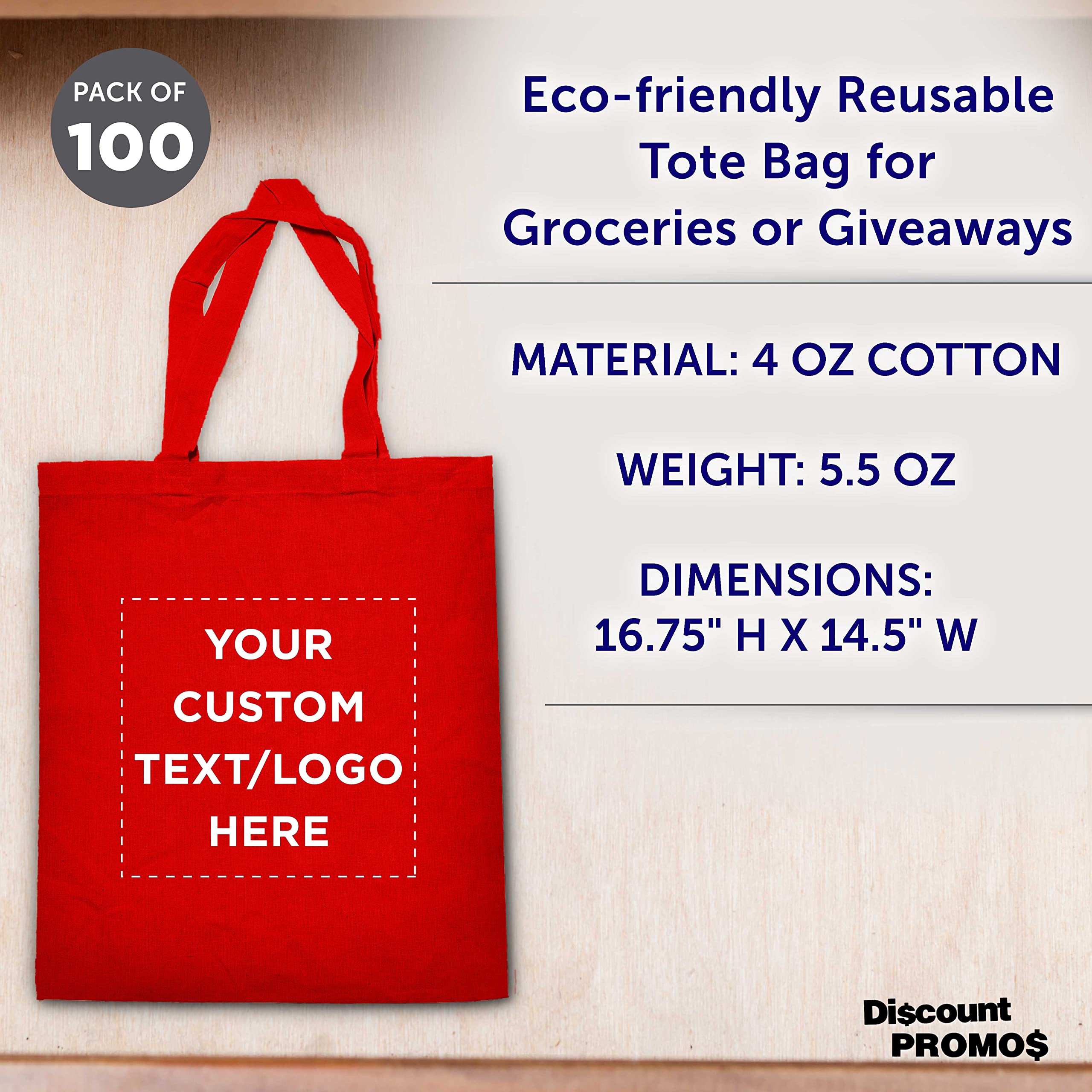 Custom Cotton Canvas Tote Bags Bulk Pack - 100 Reusable Eco-Friendly Shopping Bags with Personalization Option | Perfect for Grocery, Beach, Picnic, Wedding Favors & Promotional Events (Red)