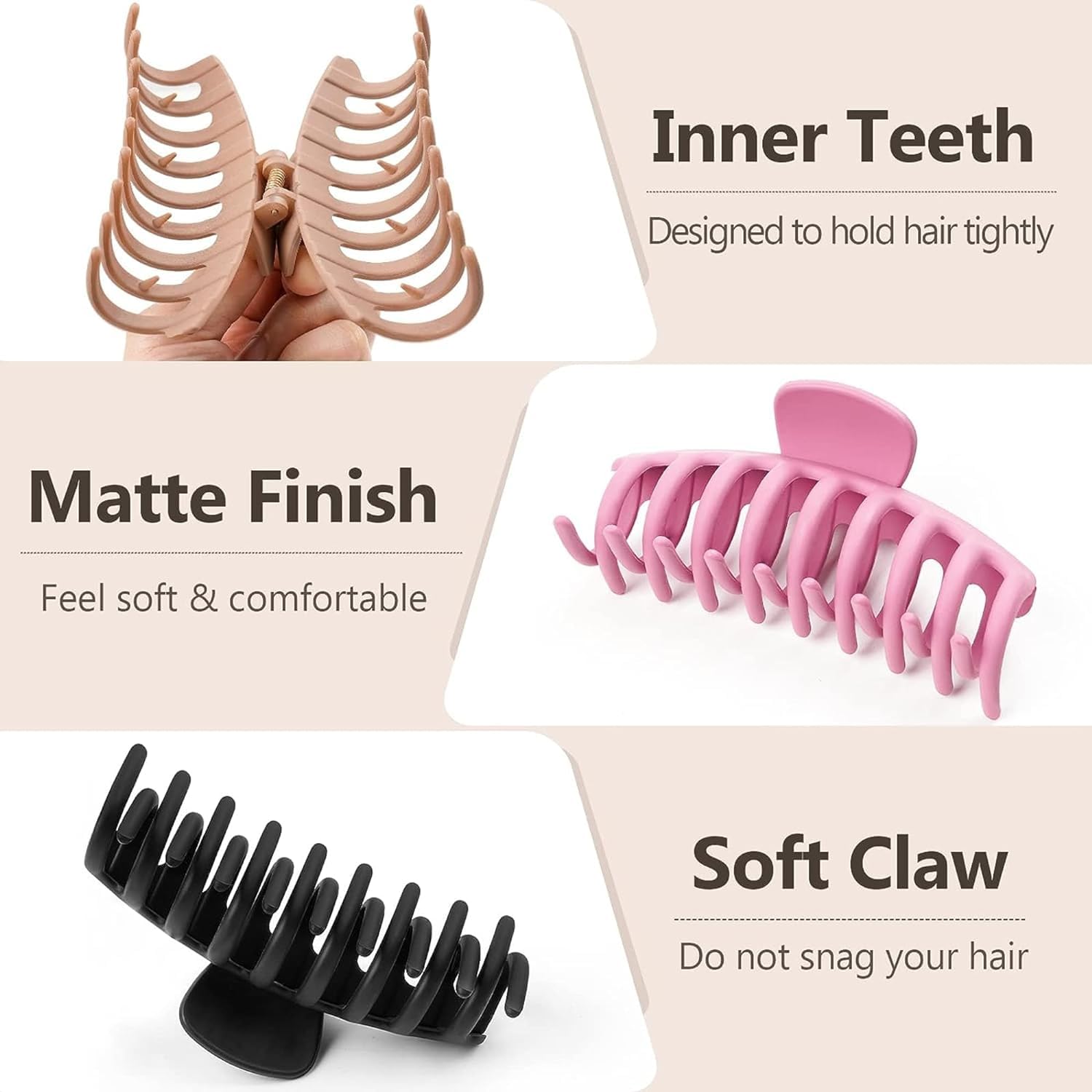 Skvilla 3-Piece Large Hair Claw Clips for Women - Strong Hold Non-Slip Matte Hair Clips (4 Inch) for Thin, Thick & Curly Hair - Neutral Multicolor | Perfect for Updos, Ponytails & Everyday Hairstyles