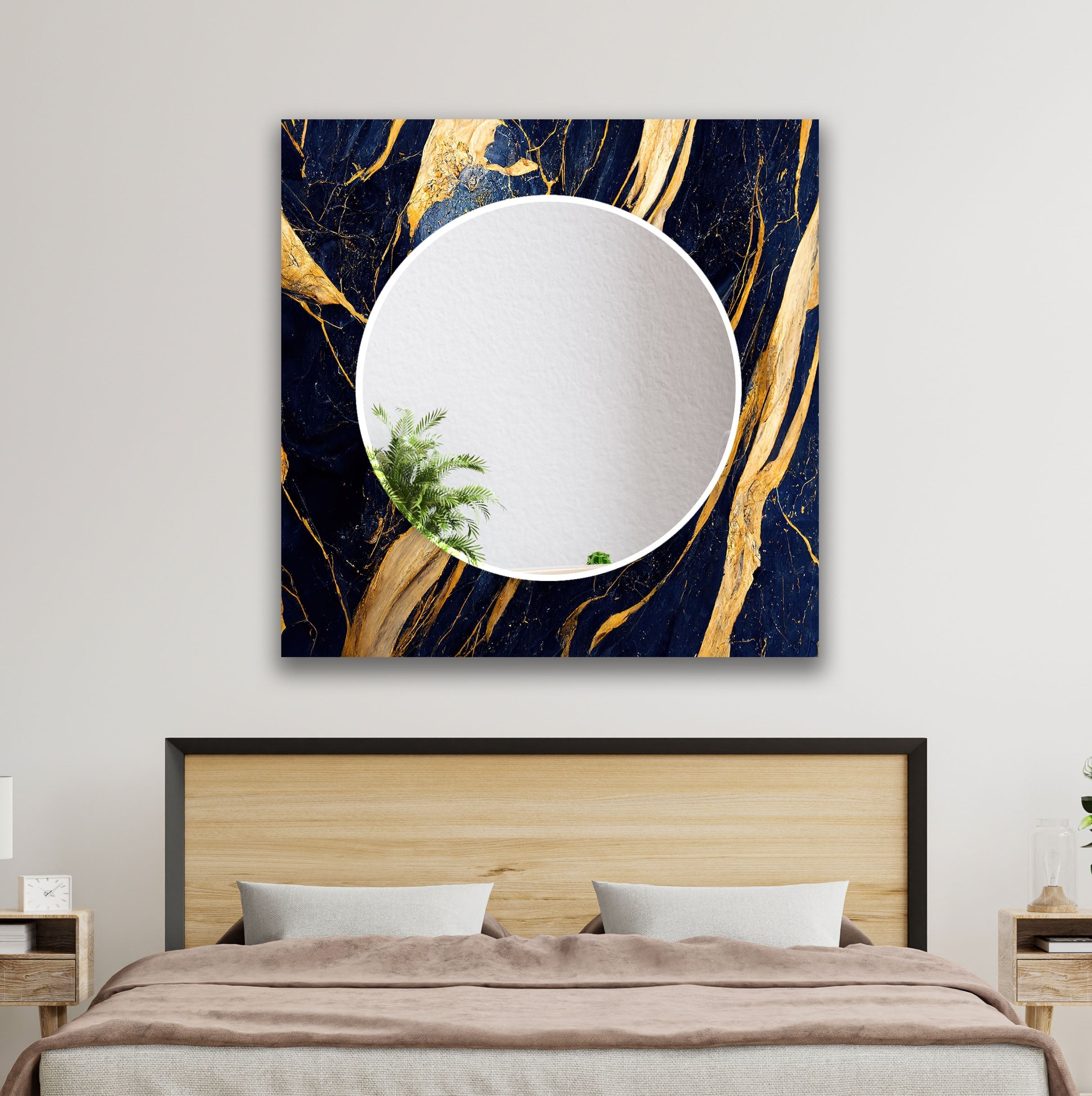 Blue & Gold Abstract Wall Mirrors - Modern Decorative Mirror for Living Room, Bedroom & Entryway - Stylish Home Decor Accent Piece