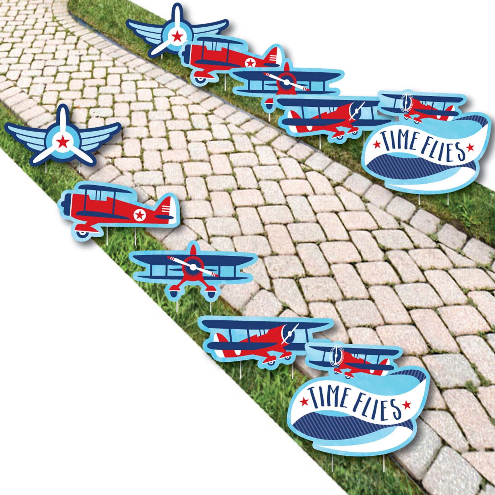 Big Dot of Happiness Taking Flight - Vintage Airplane Lawn Decorations for Outdoor Baby Shower & Birthday Parties - 10-Piece Set - Perfect for Garden, Backyard & Outdoor Events
