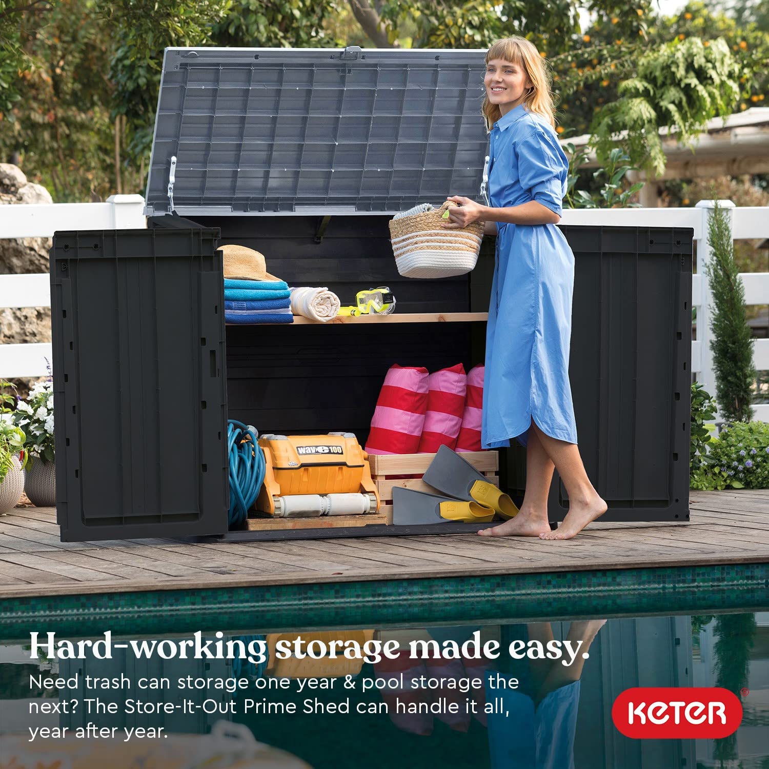 Keter Store-It-Out Prime 4.3 x 3.7 ft. Outdoor Resin Storage Shed with Easy Lift Hinges - Heavy Duty Weatherproof Deck Box for Yard Tools, Pool Floats & Garden Accessories - Perfect for Patio, Backyard & Garage Organization (Black)