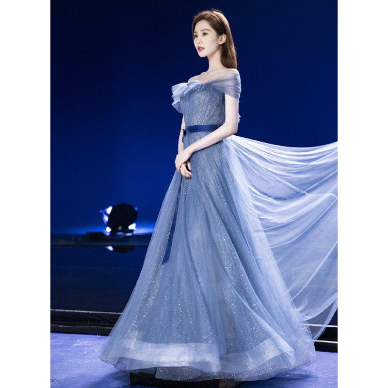 Elegant Off Shoulder Blue Long Prom Dress - A-Line Evening Formal Gown for Women - Perfect for Homecoming, Prom Night & Special Occasions