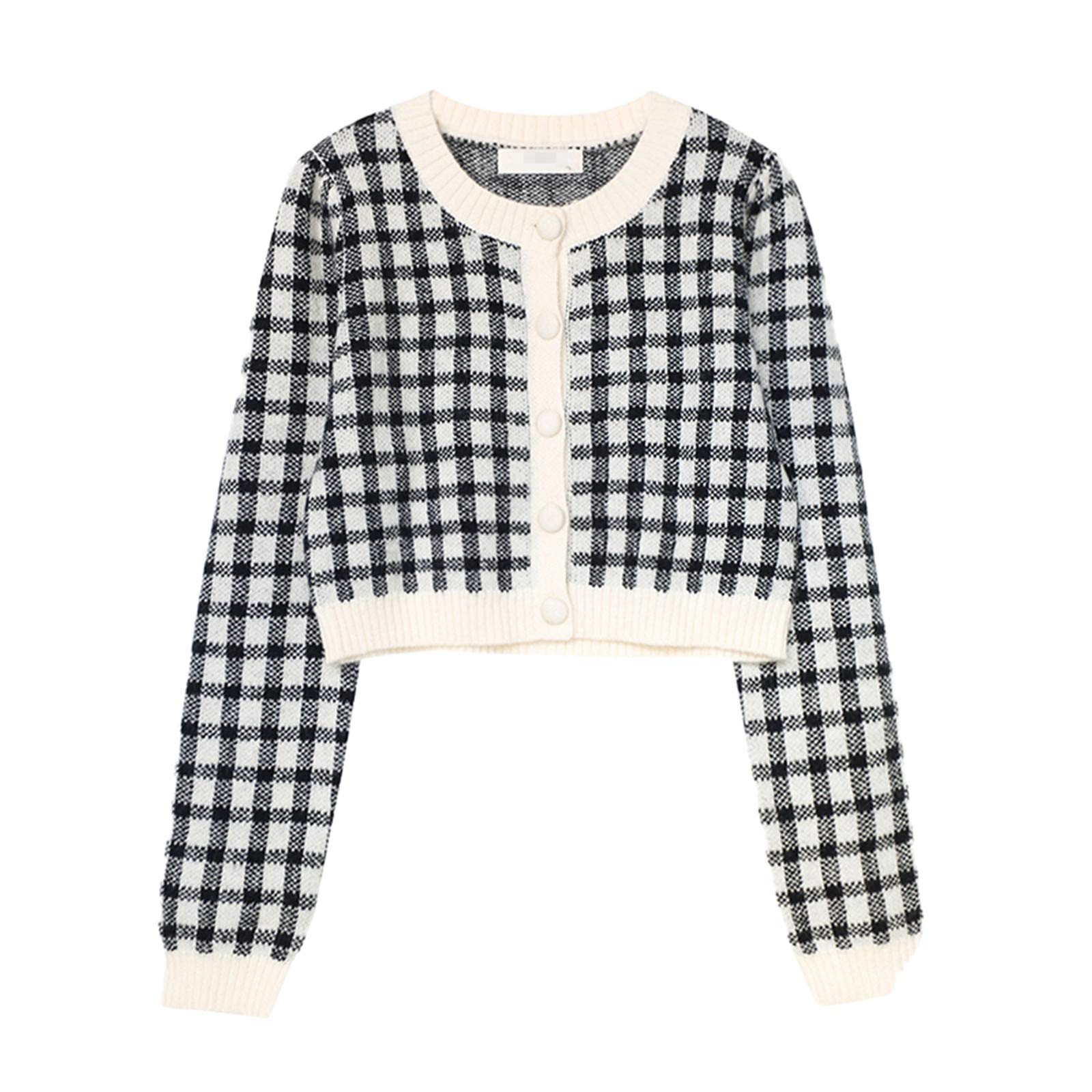 Vintage Plaid Women's Sweater - Autumn Loose Knit Button Cardigan with O-Neck (Casual Fall Outfits, Office Wear, Coffee Dates)