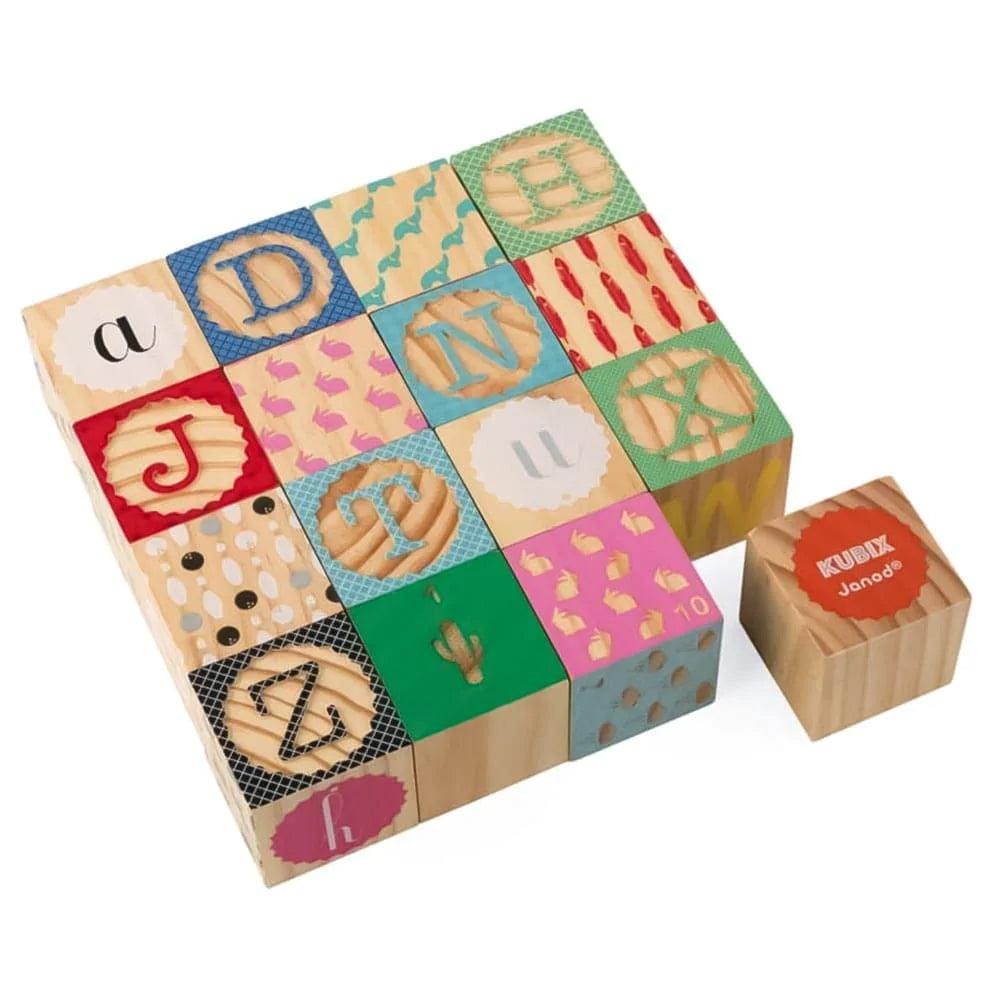 Janod Kubix 16-Piece Alphabet Wooden Blocks - Educational ABC Learning Toys for Toddlers, Montessori Stacking Building Blocks for Kids Ages 2-5 - Perfect for Preschool Classroom & Homeschool Activities