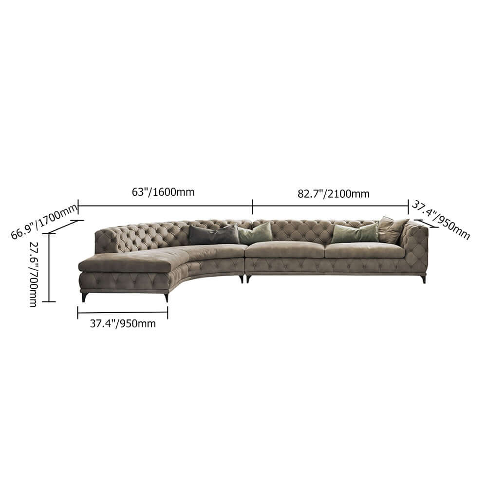 L-Shaped Curved Gray Velvet Sectional Sofa - Modern Chesterfield Style Living Room Couch for Small Spaces & Apartments | Perfect for Lounge, TV Room & Home Theater