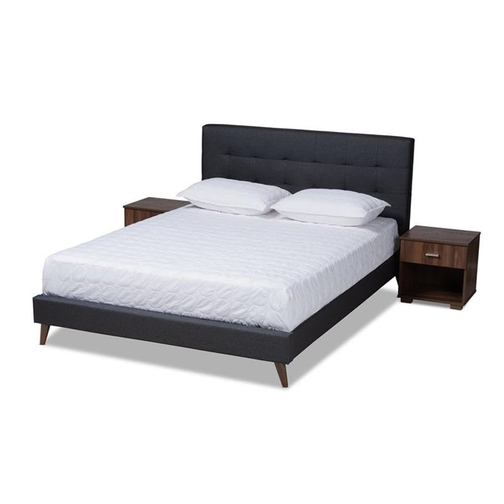 BOWERY HILL Queen Size Dark Grey Platform Bed Frame with 2 Nightstands - Modern Bedroom Furniture Set for Small Spaces & Guest Rooms