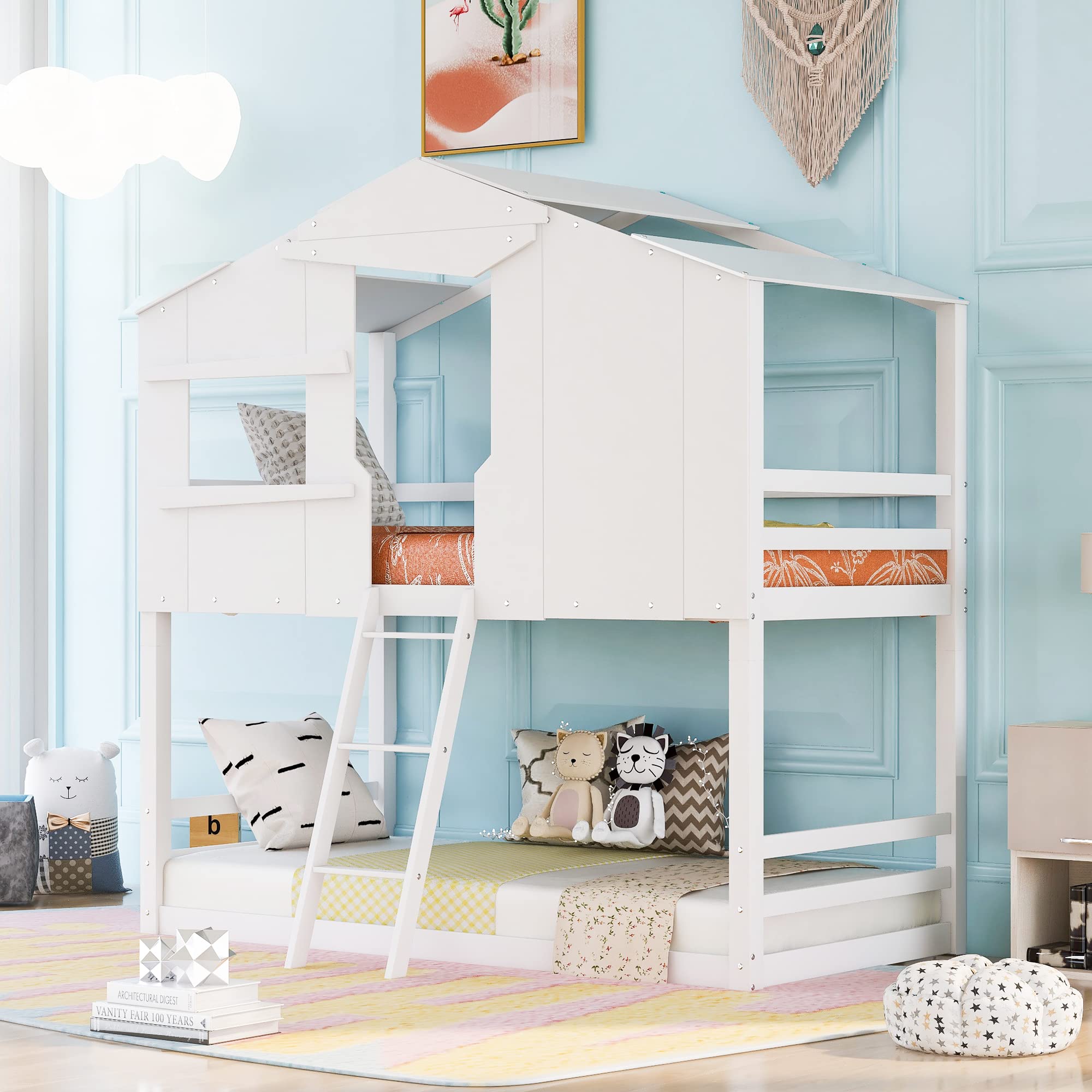 Polibi Twin Over Twin Wooden Bunk Bed with Roof, Window & Ladder - Kids Playhouse Bunk Bed for Bedroom, Playroom & Sleepovers | Durable & Safe Children's Furniture