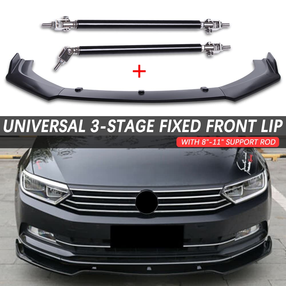 3PCS Matte Black Car Front Bumper Lip Splitter Diffuser Body Kit Spoiler with Adjustable 8-11 Inch Support Rods - Universal Fit for Enhanced Aerodynamics & Sporty Styling (Perfect for Track Racing & Street Performance)
