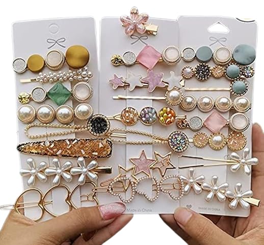 Korean Pearl Rhinestone Hair Clips - Butterfly & Moon Styles for Women & Girls (8-Pack) - Party & Wedding Accessories