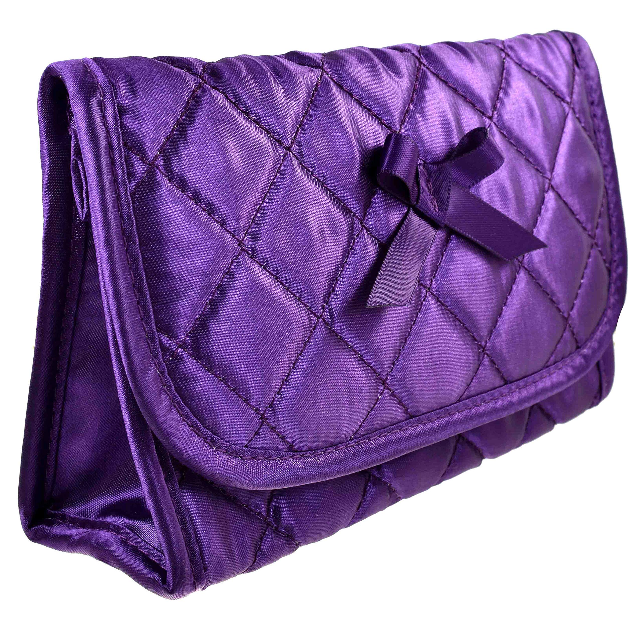 Travel Portable Purse Size Makeup Case Cosmetic Bag with Mirror - Quilted Satin Purple Organizer for Women | Perfect for Airplane Carry-on, Gym Essentials & Daily Beauty Storage