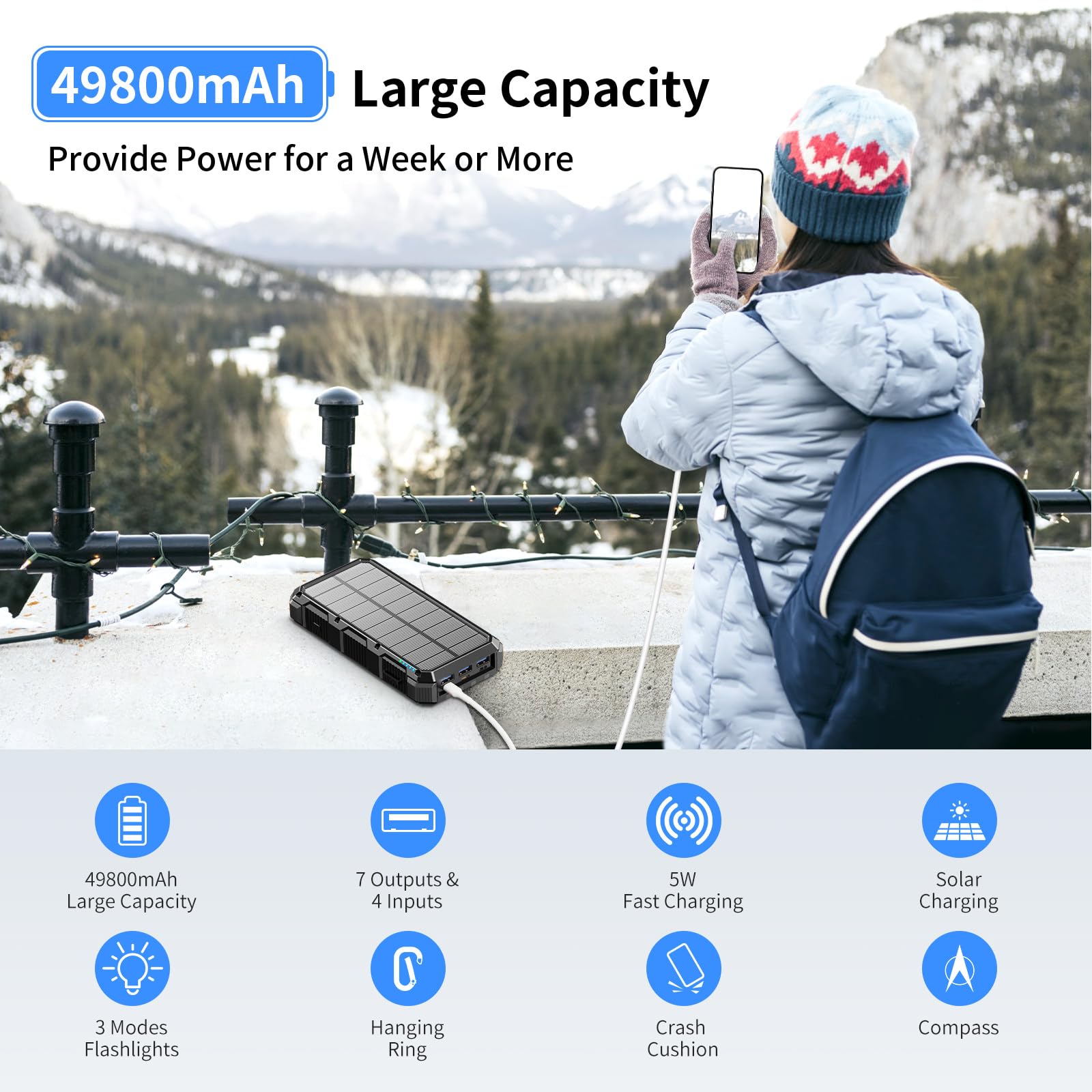 **49800mAh Solar Power Bank with Wireless Charging & QC 3.0 Fast Charge | 8 Outputs & 4 Inputs | Portable Solar Charger for iPhone, Samsung, Android | SOS Strobe Flashlight for Camping, Hiking, Emergencies (Black)**