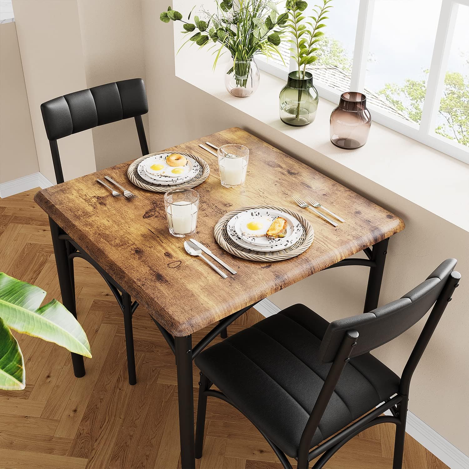 GARVEE 3-Piece Dining Table Set for 2 - Rectangular Kitchen Table & Chairs with Metal Frame & Wood Top - Brown Modern Dining Room Furniture for Small Spaces, Apartments, Breakfast Nook & Kitchenette