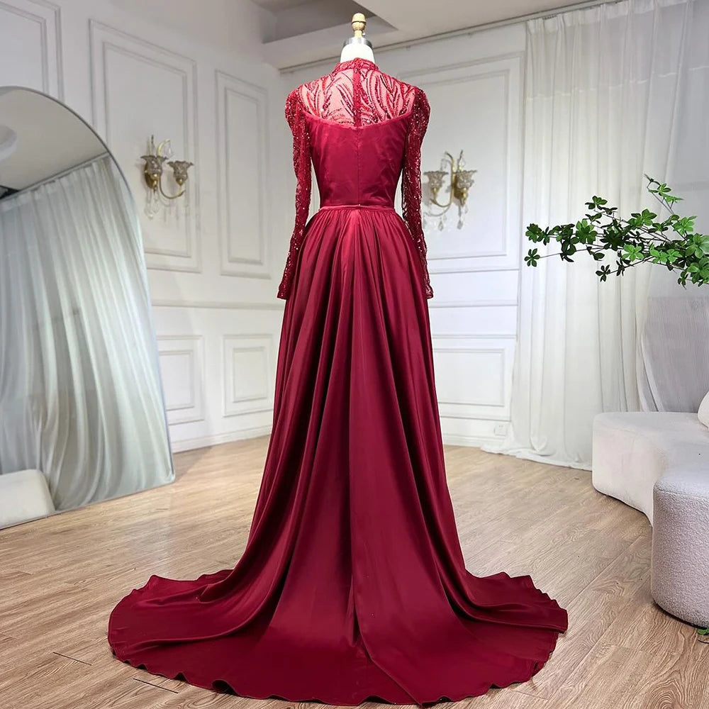 Serene Hill Wine Red Mermaid Luxury Lace Beaded Satin Evening Dress - Dubai Formal Gown for Women 2025 | Wedding, Party, Prom, Gala & Special Occasion Wear | LA72202