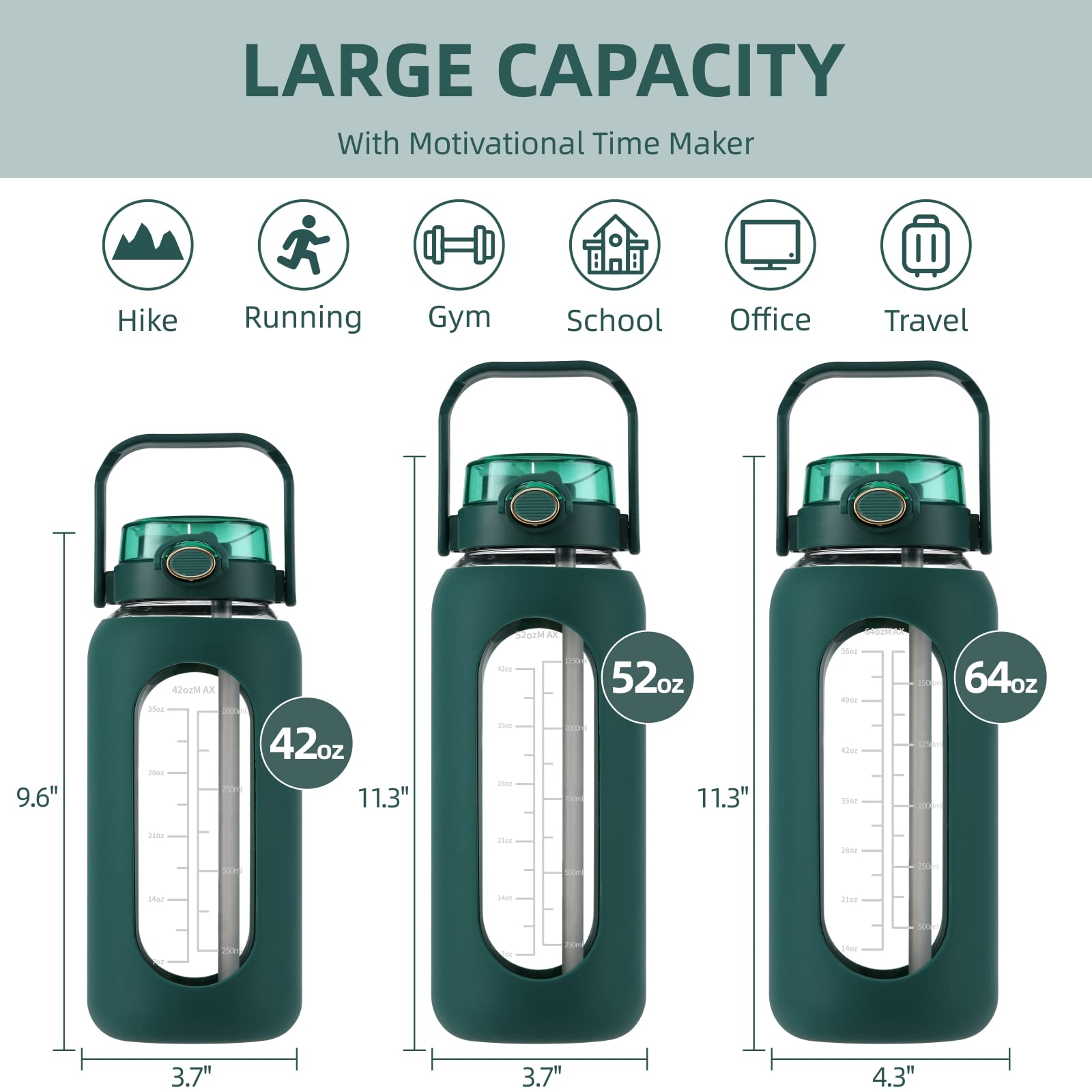 **64oz Glass Water Bottle with Straw & Handle Lid - Half Gallon Motivational Water Bottle with Silicone Sleeve & Time Marker - Large Reusable Sports Jug for Gym, Home, Workout & Outdoor Activities**