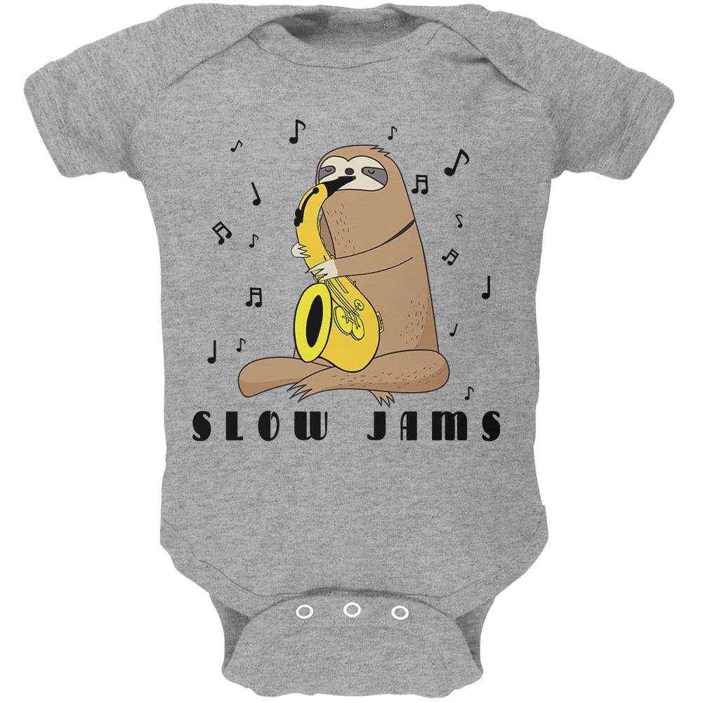 Sloth Slow Jams Funny Pun Saxophone Soft Baby Onesie - Heather Grey 0-3 Months | Cute Newborn Outfit for Photo Shoots & Playtime