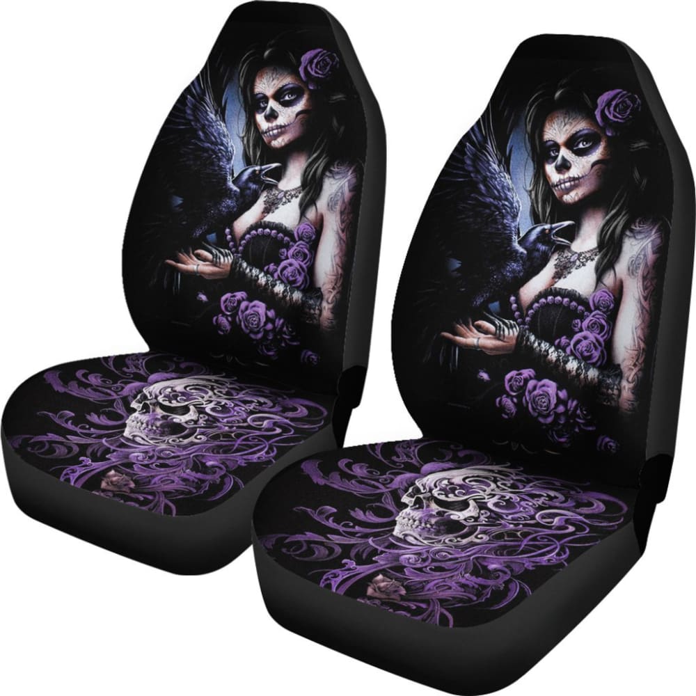 2 Pcs Sugar Skull Girl Car Seat Covers - Gothic Floral Print Universal Fit for Cars, Trucks & SUVs - Perfect for Dia de Los Muertos Decor and Halloween Car Accessories