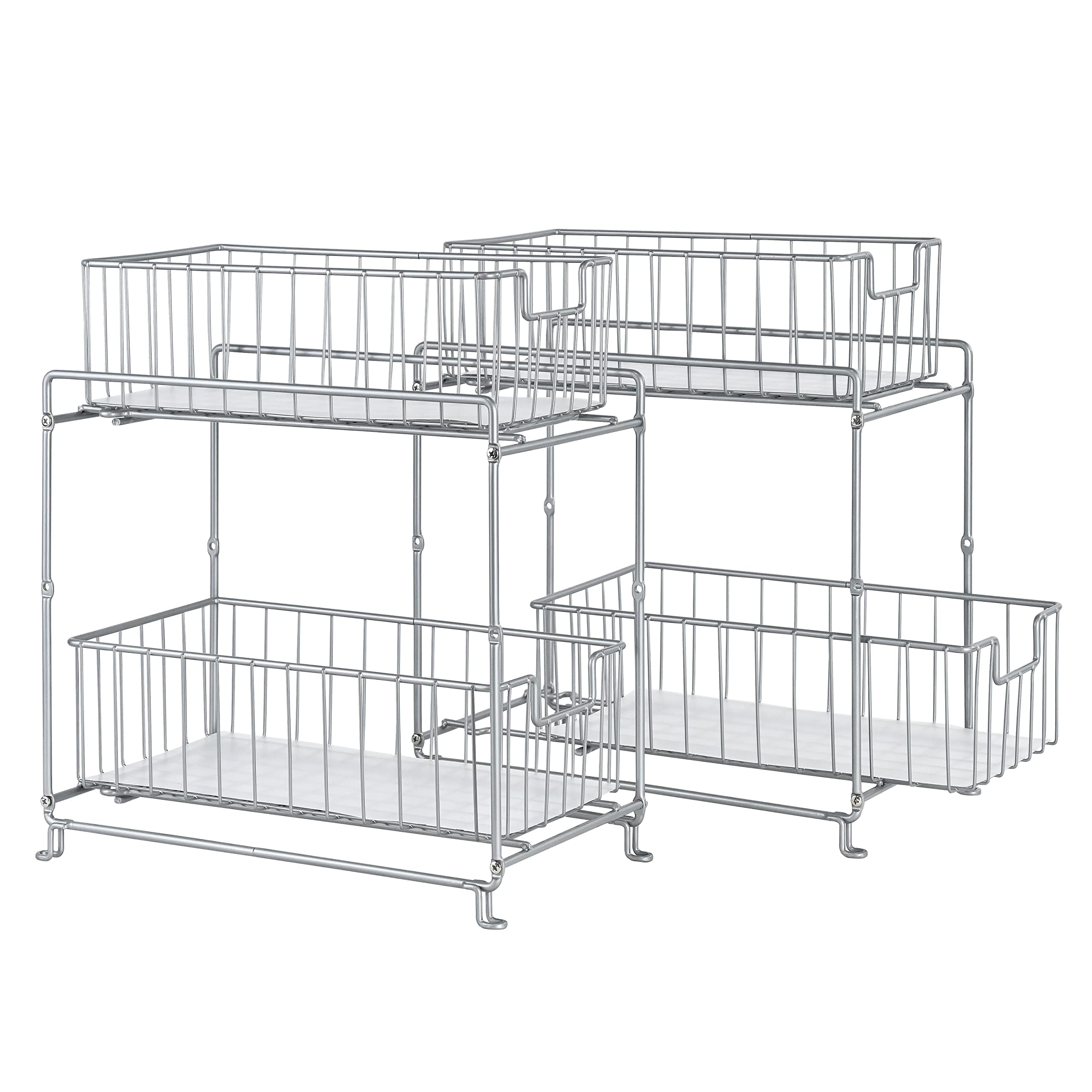 SUFAUY 2 Pack Stackable 2-Tier Under Sink Cabinet Organizer with Sliding Drawer - Space Saving Kitchen & Bathroom Storage Shelf for Pantry, Laundry Room, Closet Organization (Silver)