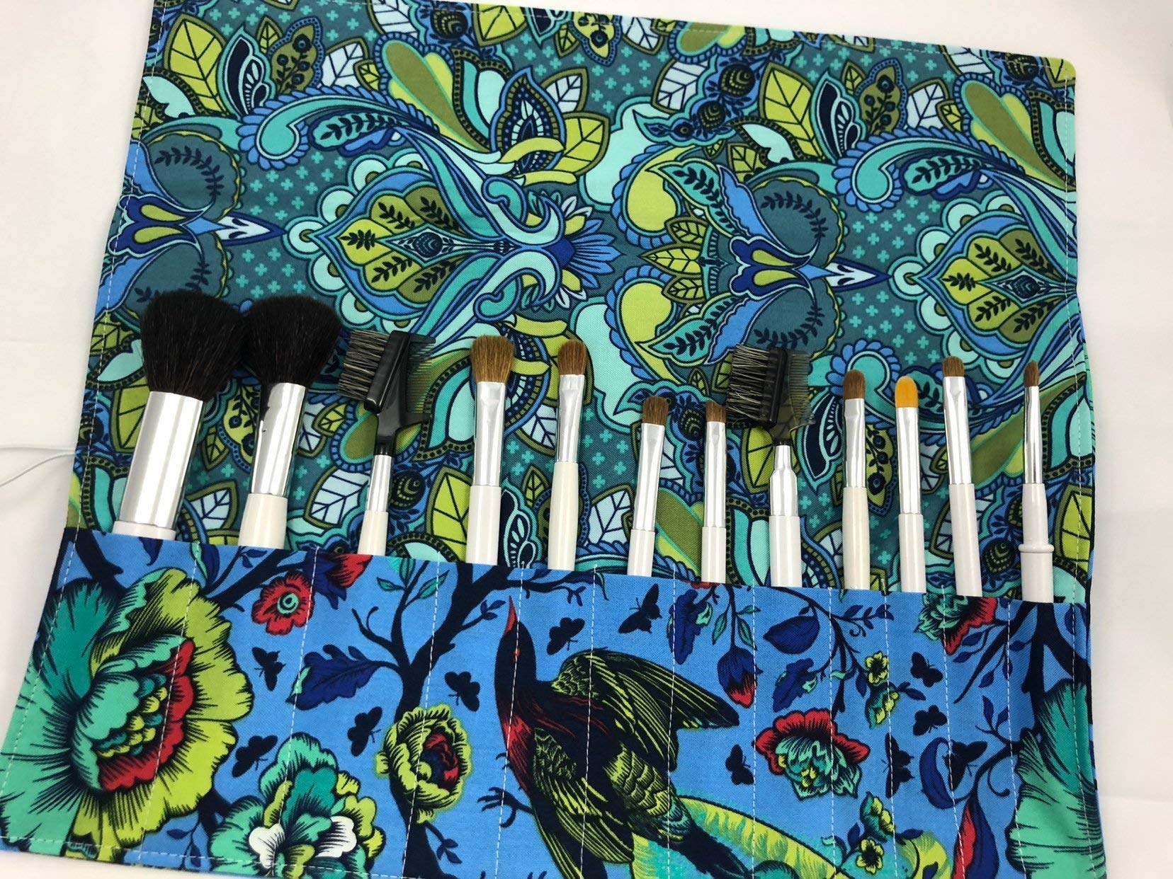 Premium Makeup Brush Roll Holder Case - Travel Cosmetic Brush Organizer Bag with Tail Feathers Poppy Blue Design for Professional & Home Use - Perfect for Travel, Salon, and Makeup Artists