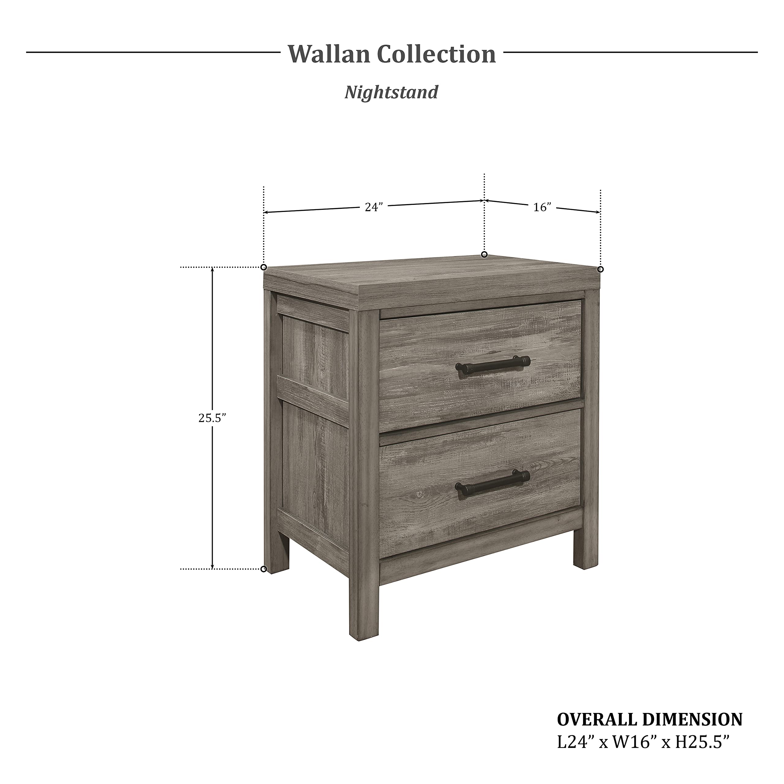 Lexicon Wallan 2-Drawer Nightstand in Weathered Gray Finish - Modern Bedside Table for Bedroom with Storage Space | Perfect for Small Spaces, Apartments & Guest Rooms