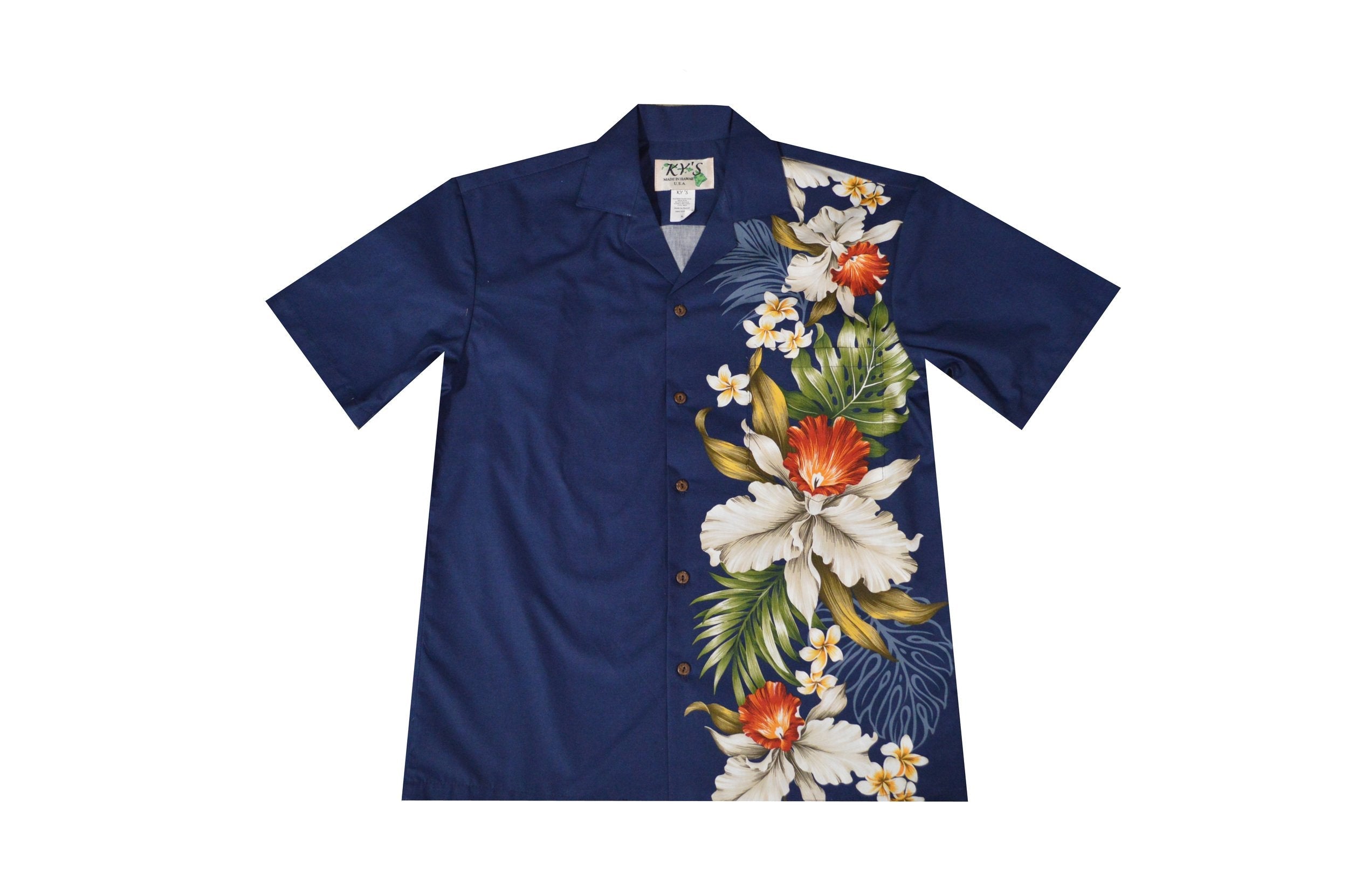 Hawaiian Floral Print Long Dress & Matching Men's Shirt Set - Made in Hawaii Hilo Orchids Side Design for Beach Vacation, Luau Party & Tropical Wedding