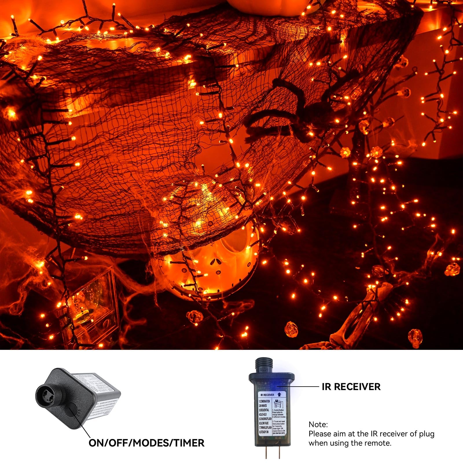400 LED Orange Halloween String Lights - 19.7FT Waterproof Indoor/Outdoor Decor with 8 Lighting Modes for Halloween, Christmas, Parties, Room & Garden Decoration