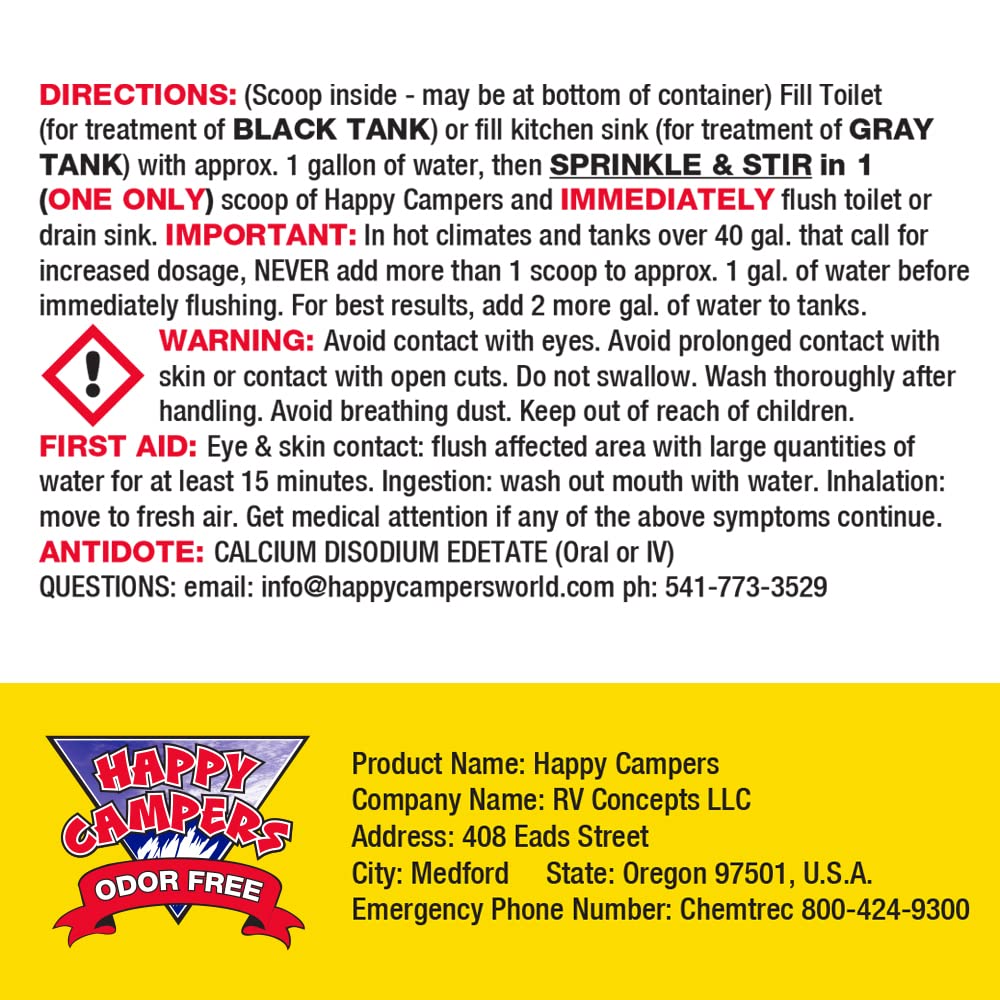 Happy Campers RV Black Tank Treatment - 130 Doses for Odor Elimination in Camper & RV Holding Tanks | Perfect for Long Road Trips & Camping Adventures