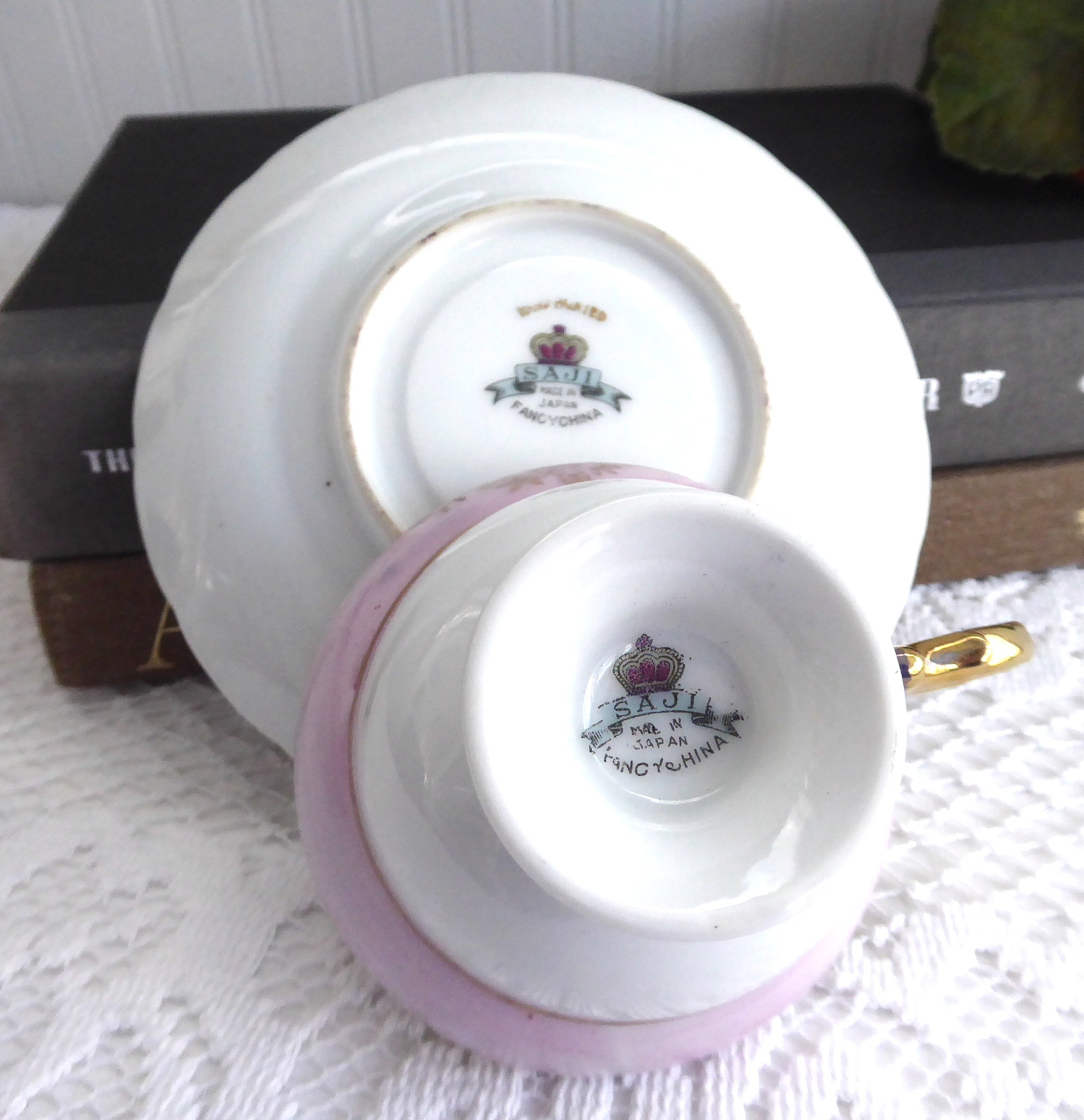 Vintage 1950s Japanese Hand-Painted Cup and Saucer Set - Maroon, Pink & Gold Heart Bouquet Design | Elegant Tea Time, Collectible Tableware, Gift for Tea Lovers