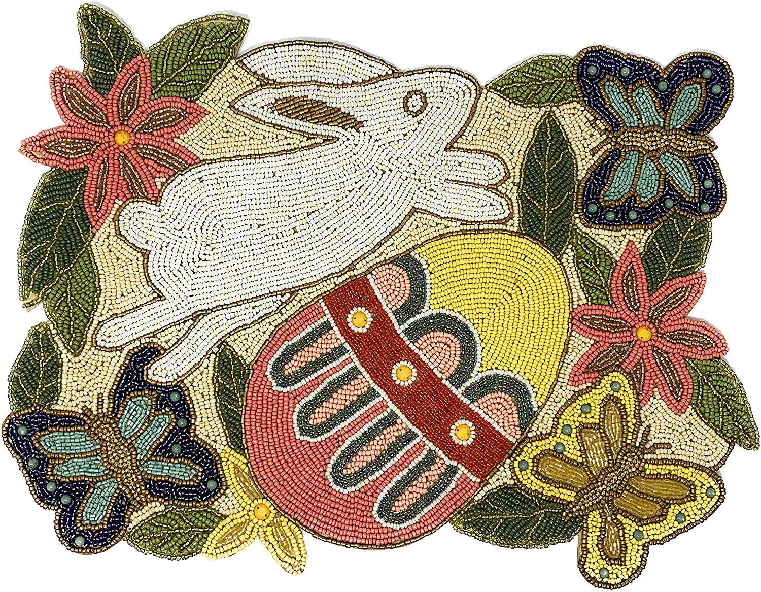Easter Bunny Beaded Placemat with Butterflies and Flowers - Elegant Table Centerpiece for Easter Brunch, Spring Decor, and Holiday Dining