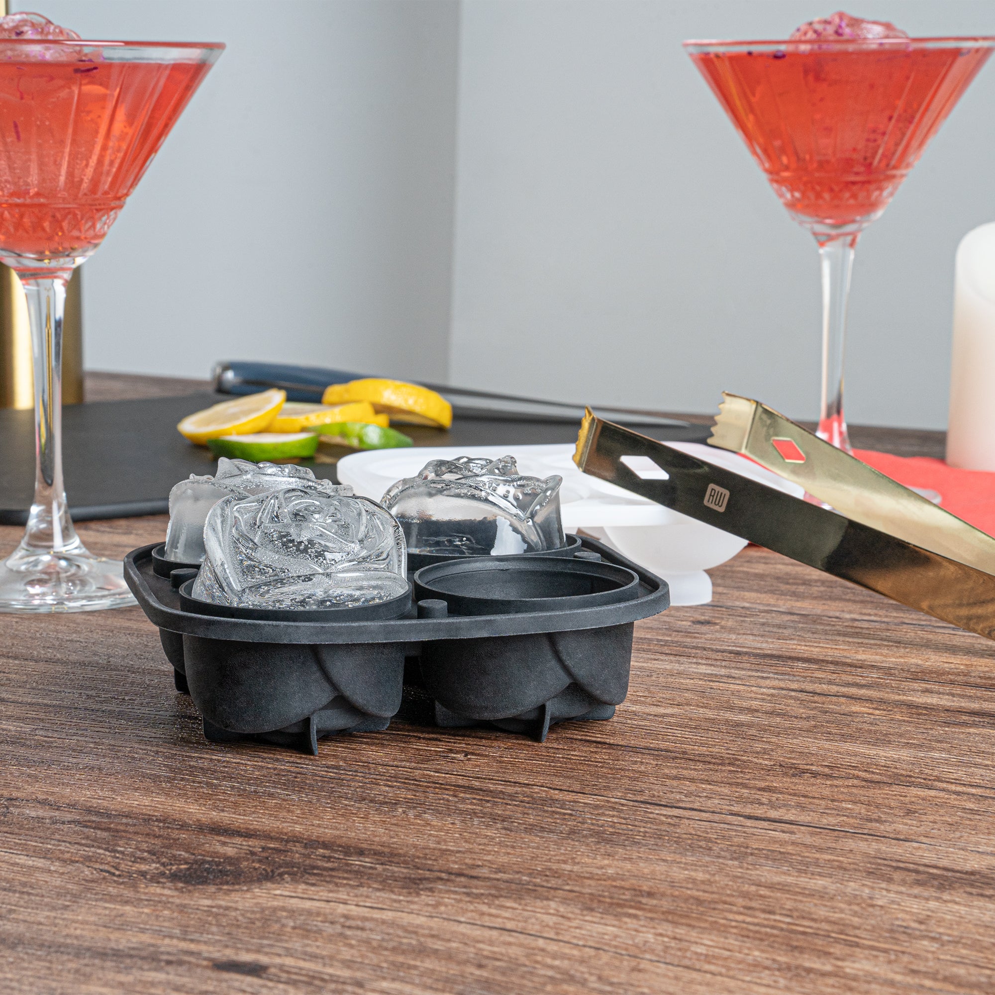 Premium Black Silicone Ice Cube Tray with 2 Rose & 4 Compartment Designs - 1 Count Box - Perfect for Cocktails, Champagne & Romantic Dinner Decorations