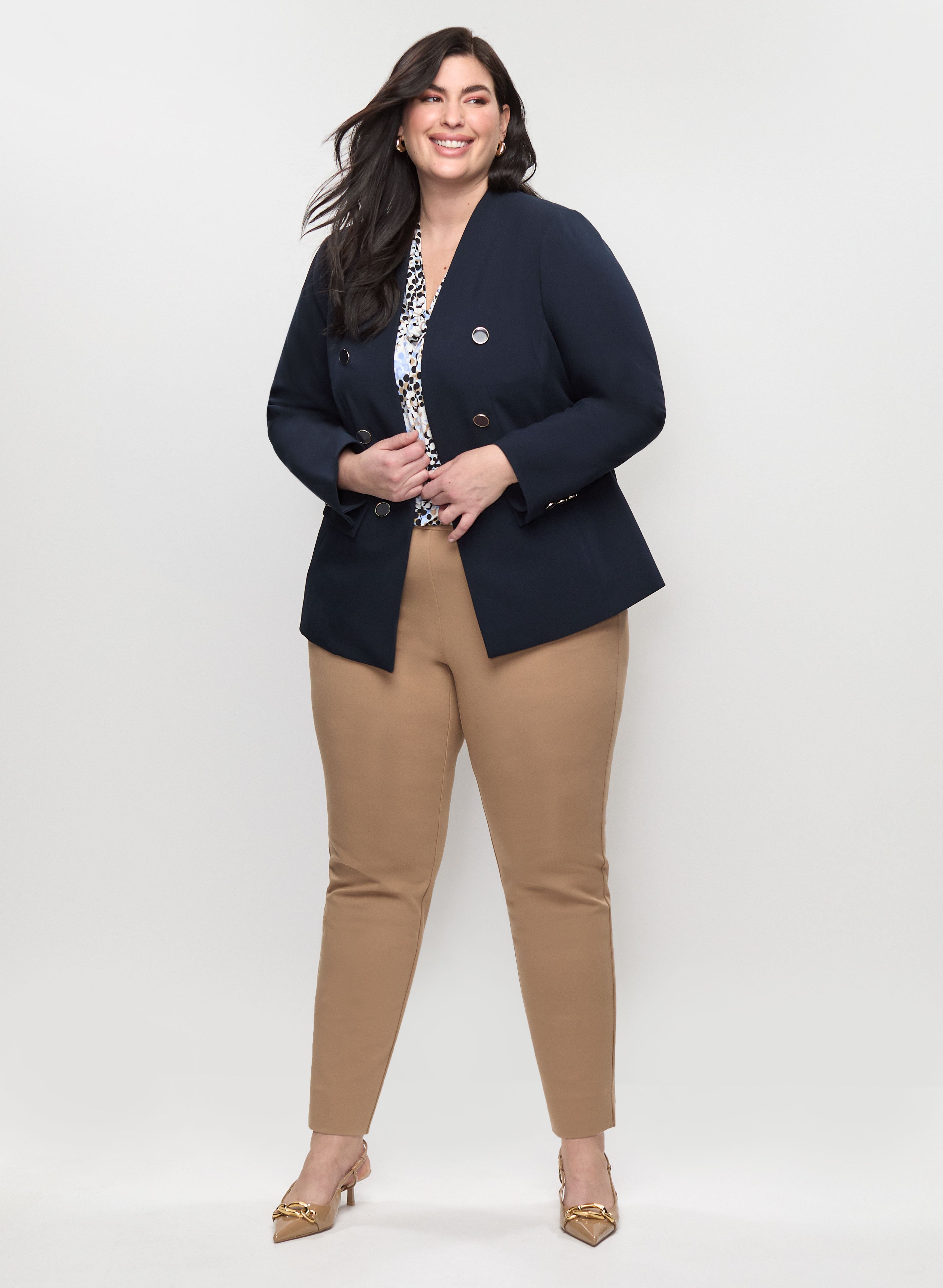 Stylish Contrast Button Blazer & Pull-On Pants Set with Button Tab Details - Perfect for Office Wear, Business Meetings, and Professional Outfits