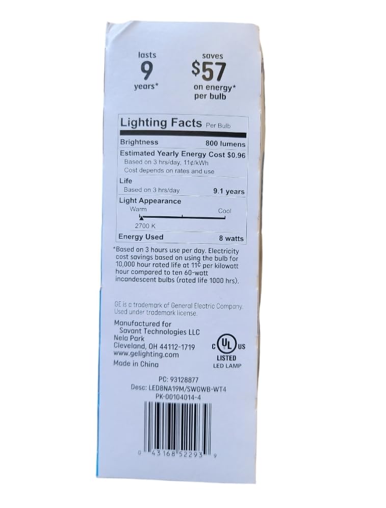 GE LED A19 Light Bulb 60W Equivalent, Soft White 2700K, Non-Dimmable, Energy Efficient, 4-Pack - Perfect for Bedroom, Living Room, and Office Lighting