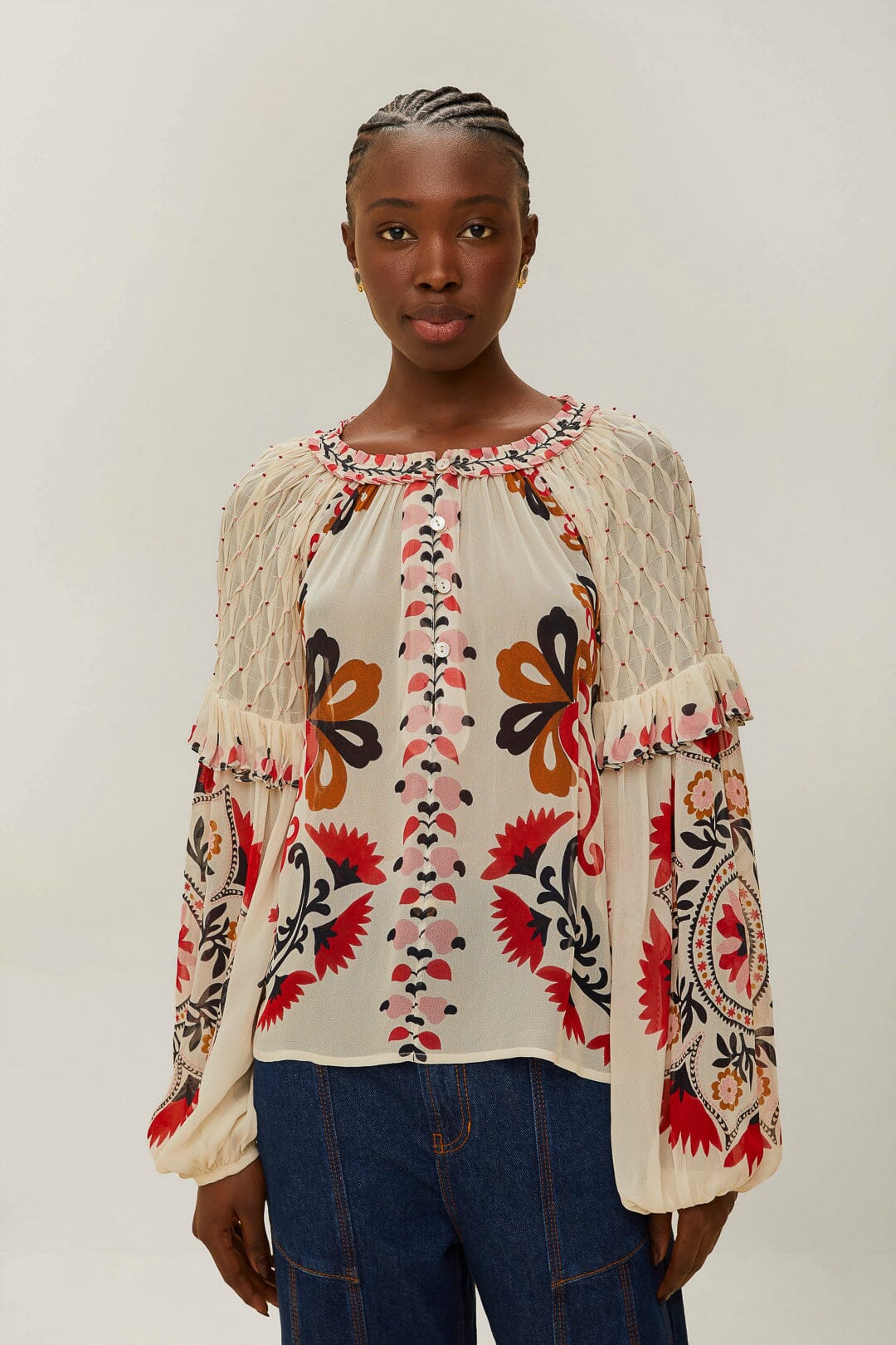 Farm Rio Cashew Mandala Blouse - Boho Floral Print Women's Top for Summer Beach & Festival Fashion