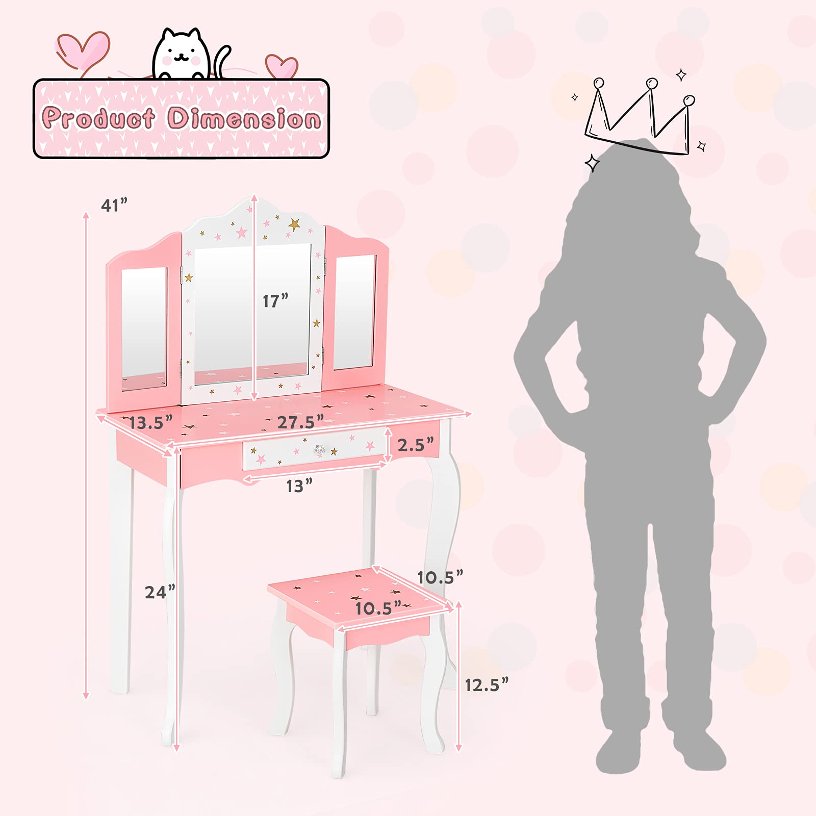 Princess Makeup Vanity Set for Girls with Mirror & Stool - Pretend Play Dress Up