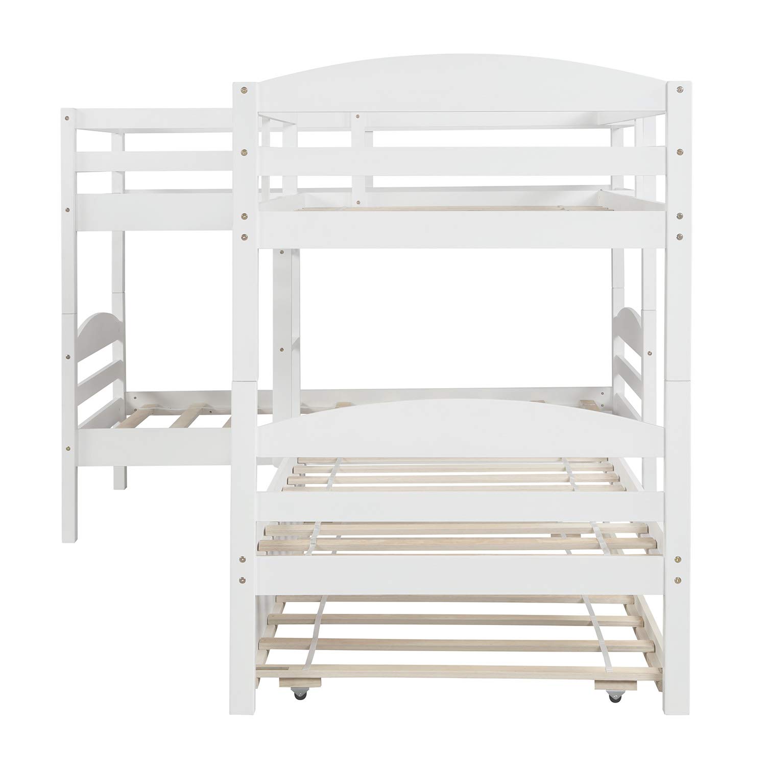 Twin Over Twin L-Shaped Wooden Bunk Bed for Kids & Teens with Trundle - Convertible to 2 Corner Platform Beds - No Box Spring Needed - White (Perfect for Shared Kids' Rooms, Sleepovers & Small Spaces)