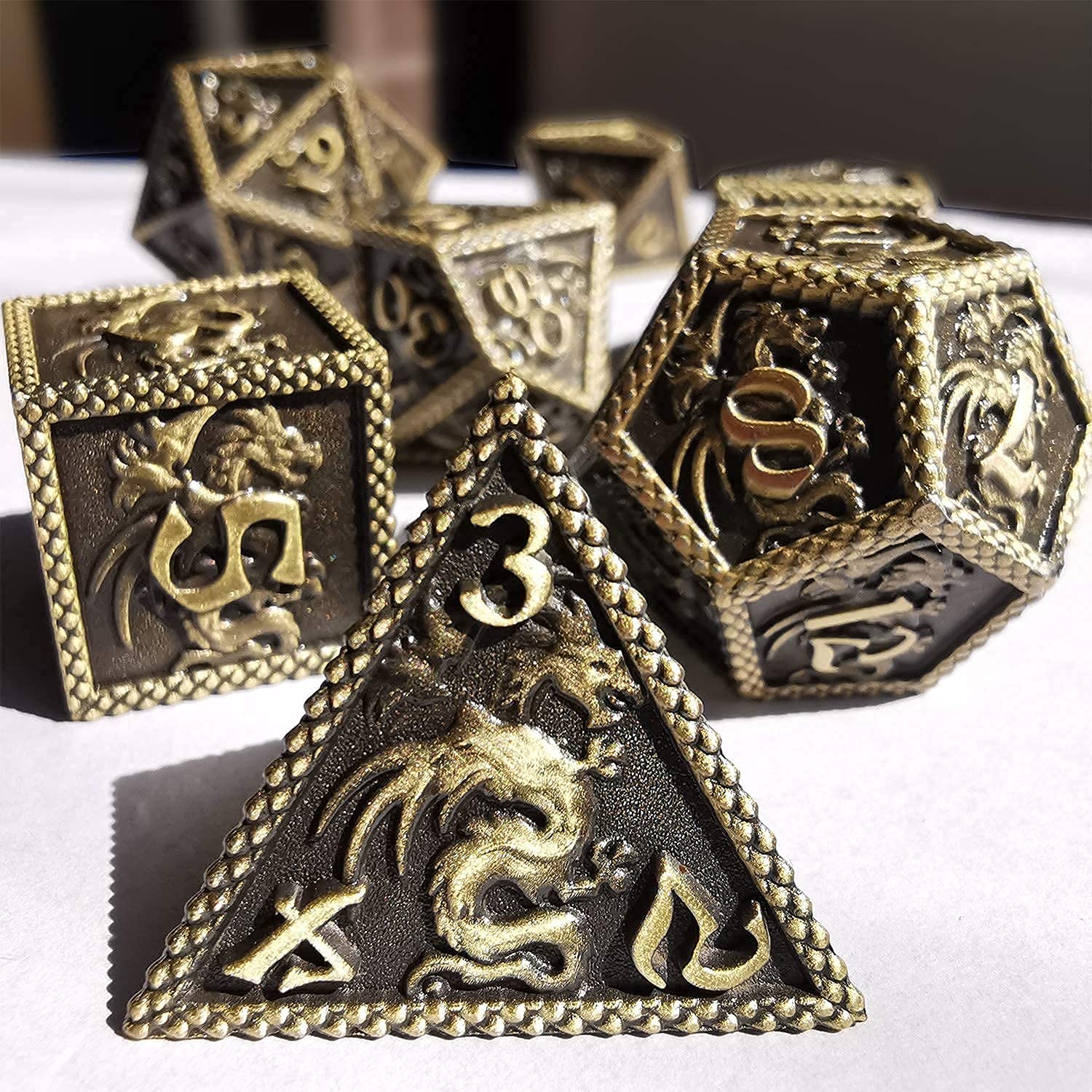 HAOMEJA 7-Piece Dragon Pattern Metal Dice Set for D&D - Ancient Bronze DND Dice for Dungeons & Dragons, RPG Tabletop Games & Collectors