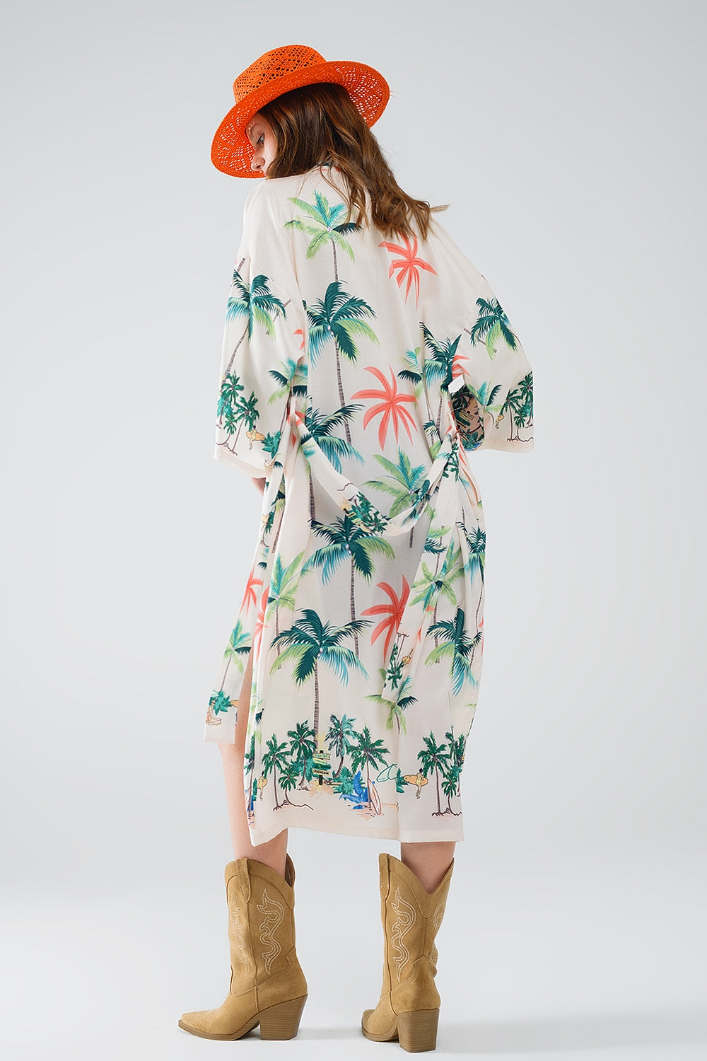 Cream Open Kimono with Beach Print - Mid-Length Boho Cover Up for Women | Perfect for Beach Vacations, Poolside Lounging & Summer Outfits