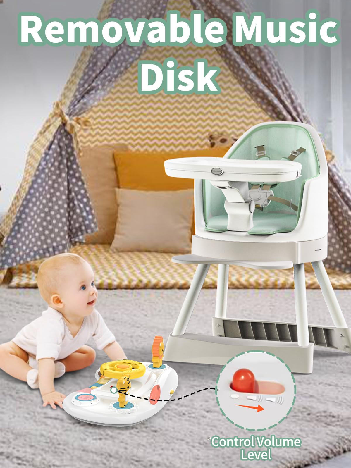 8-in-1 Convertible Baby High Chair with Removable Tray & Buckle Strap | Adjustable Booster Seat for Dining Table | Sensory Exploration with Music & Lights | Mobile Floor Seat with Wheels | Safe for Infants 6-36 Months (Green) | Perfect for Mealtime, Playtime & Learning Activities at Home
